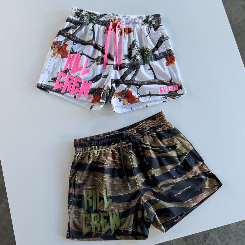 MUAY THAI SHORTS (MID THIGH CUT) - WOODLAND CAMO