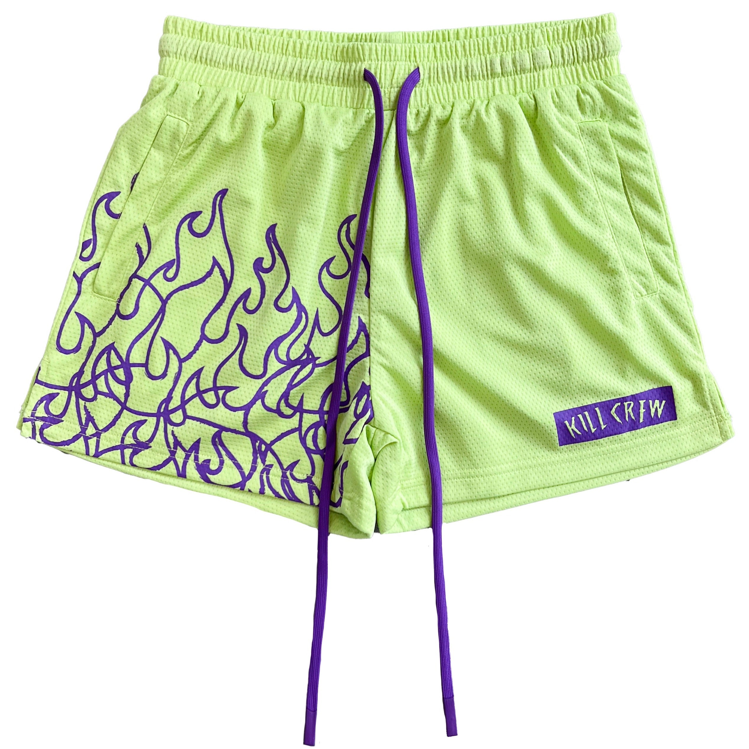 MUAY THAI FLAME SHORTS (MID THIGH CUT) - GREEN / PURPLE