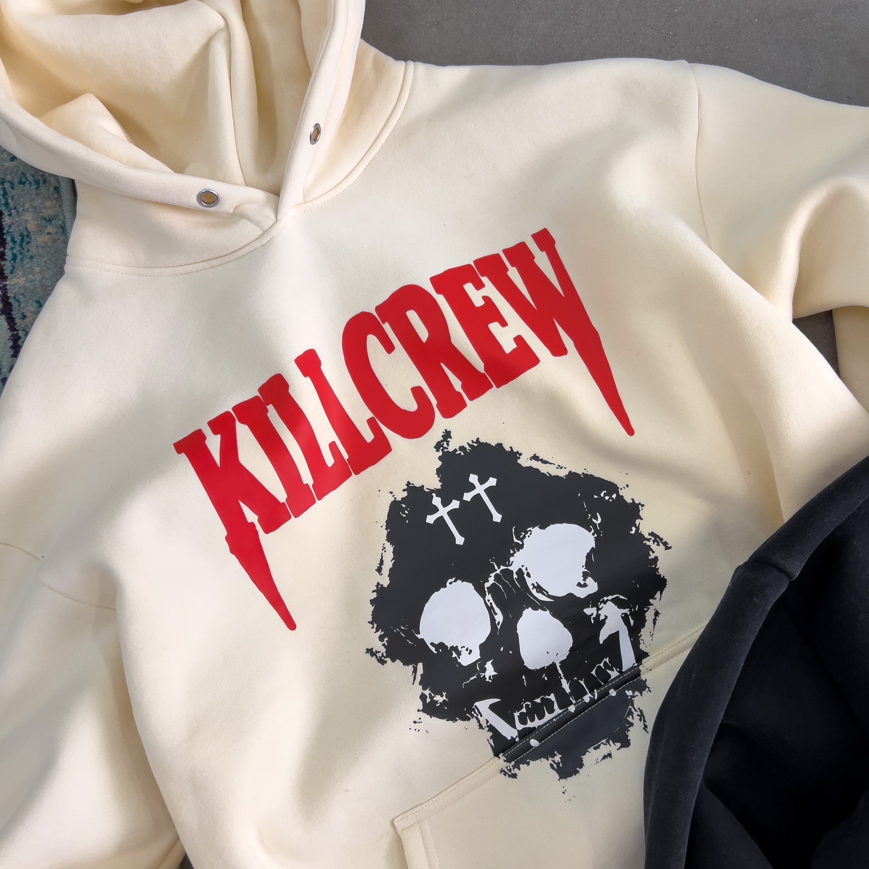 OVERSIZED LUX KILL CREW SKULL HOODIE - CREAM / RED