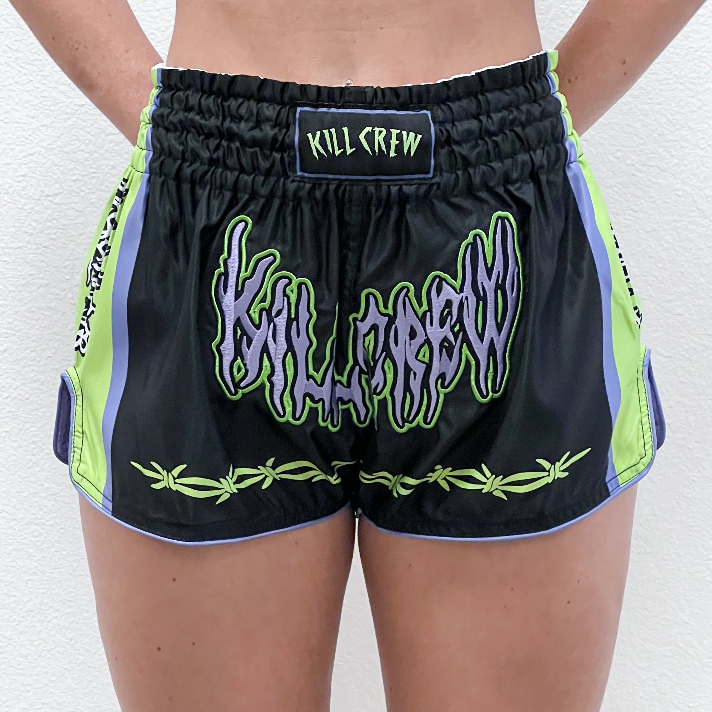 RETRO THAI FIGHT SHORTS - BLACK / PURPLE