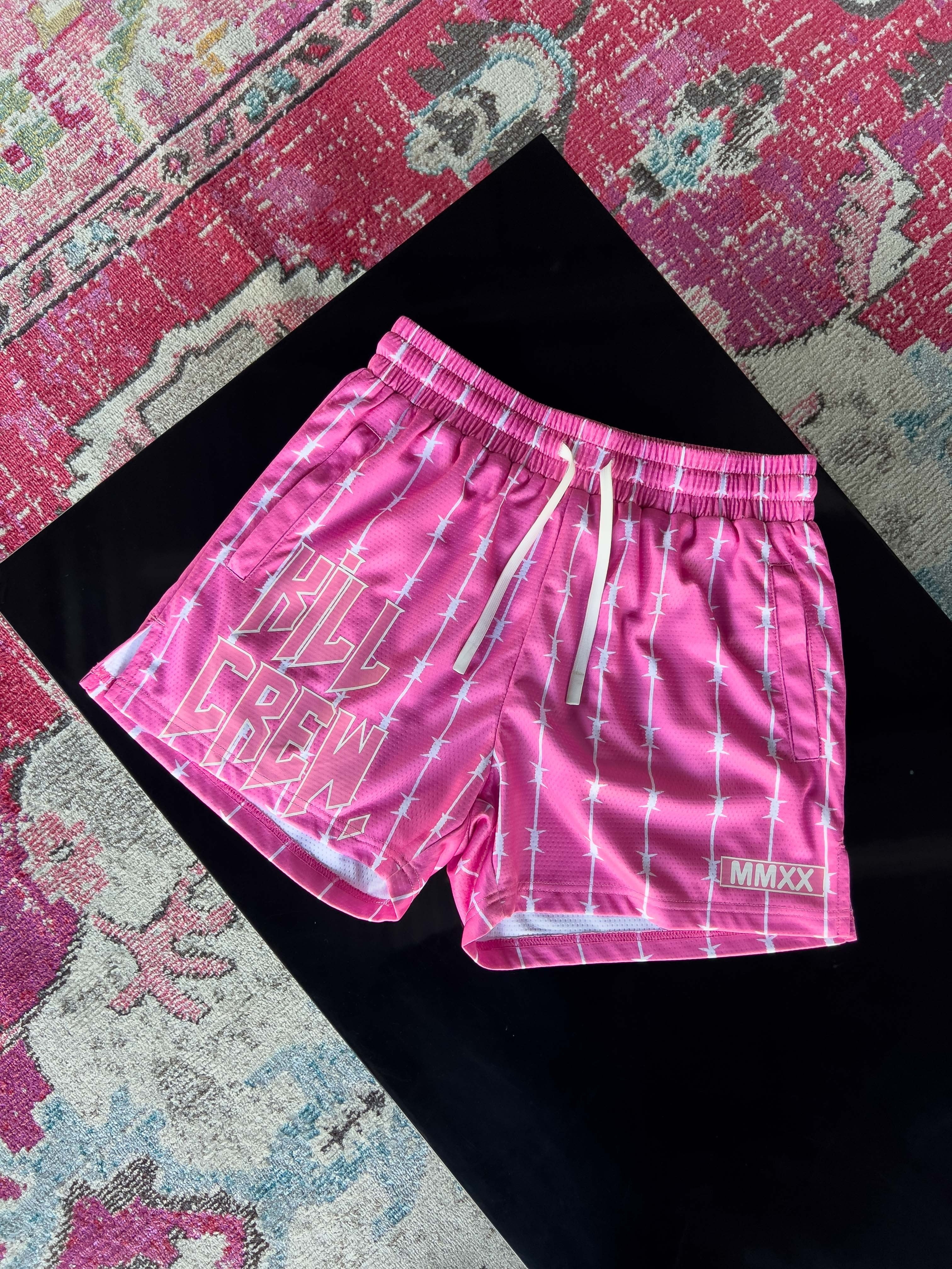 BARBWIRE MUAY THAI SHORTS (MID THIGH CUT) - PINK / WHITE