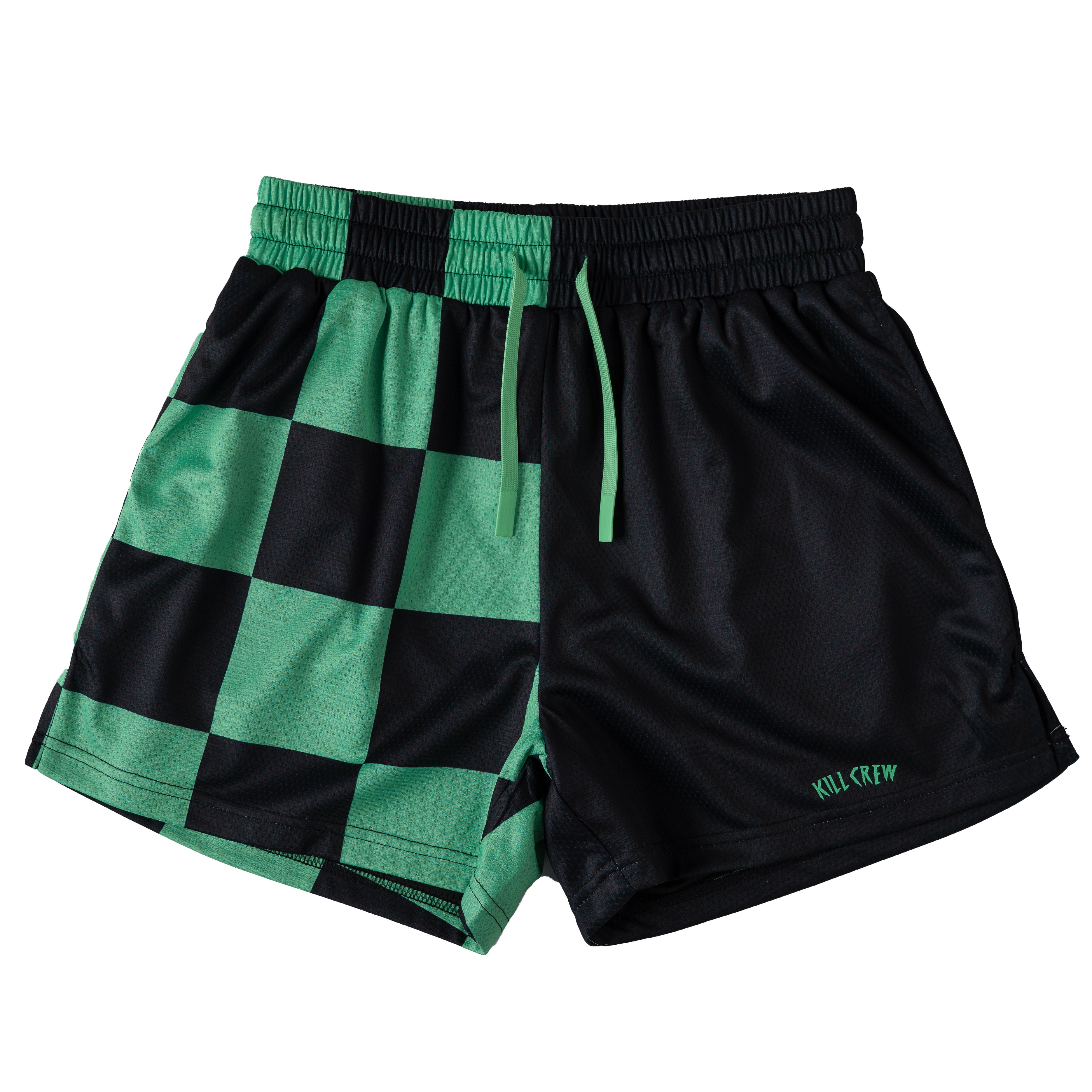 MUAY THAI SHORTS (MID THIGH CUT) CHECKER - BLACK / MINT