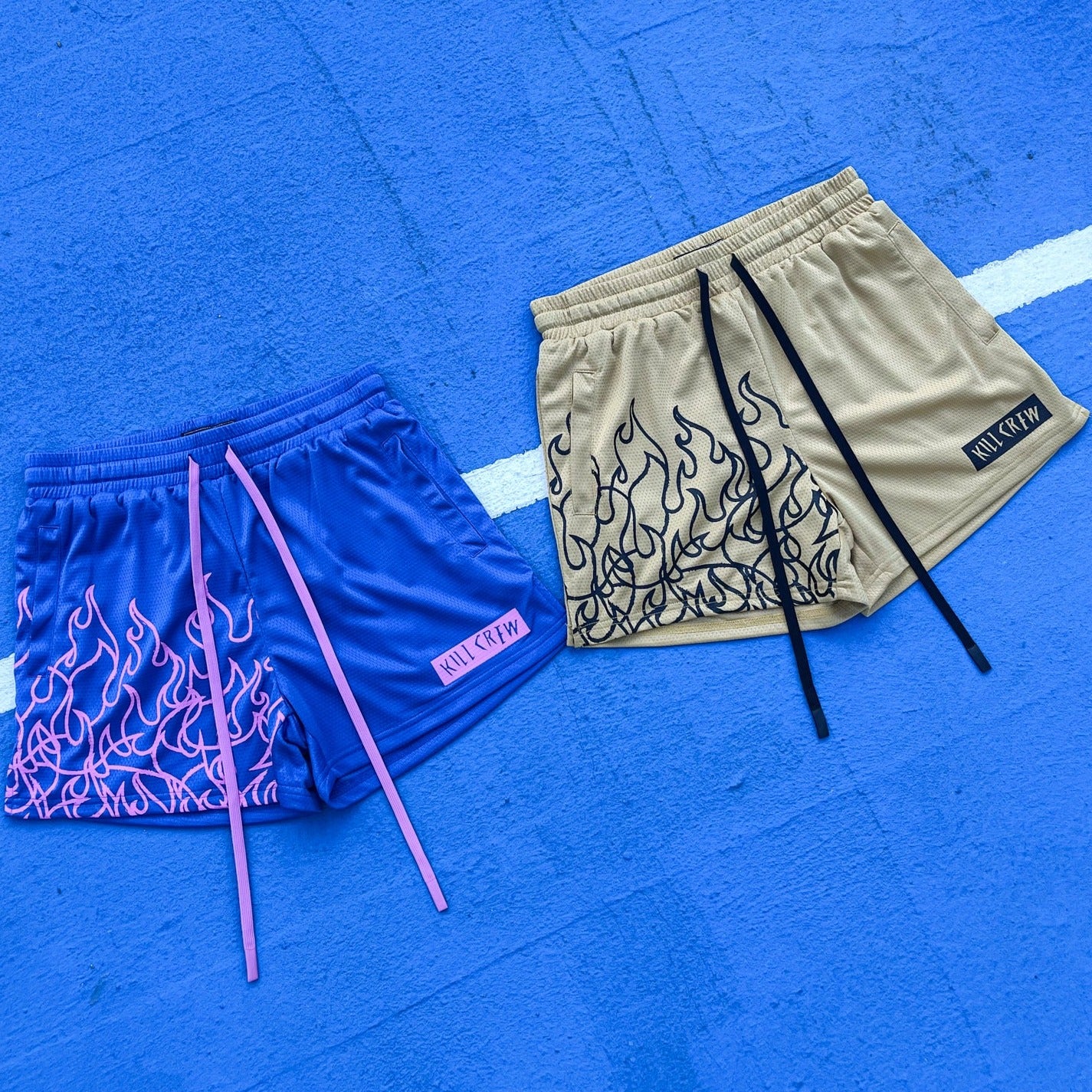 MUAY THAI FLAME SHORTS (MID THIGH CUT) - BLUE / PINK