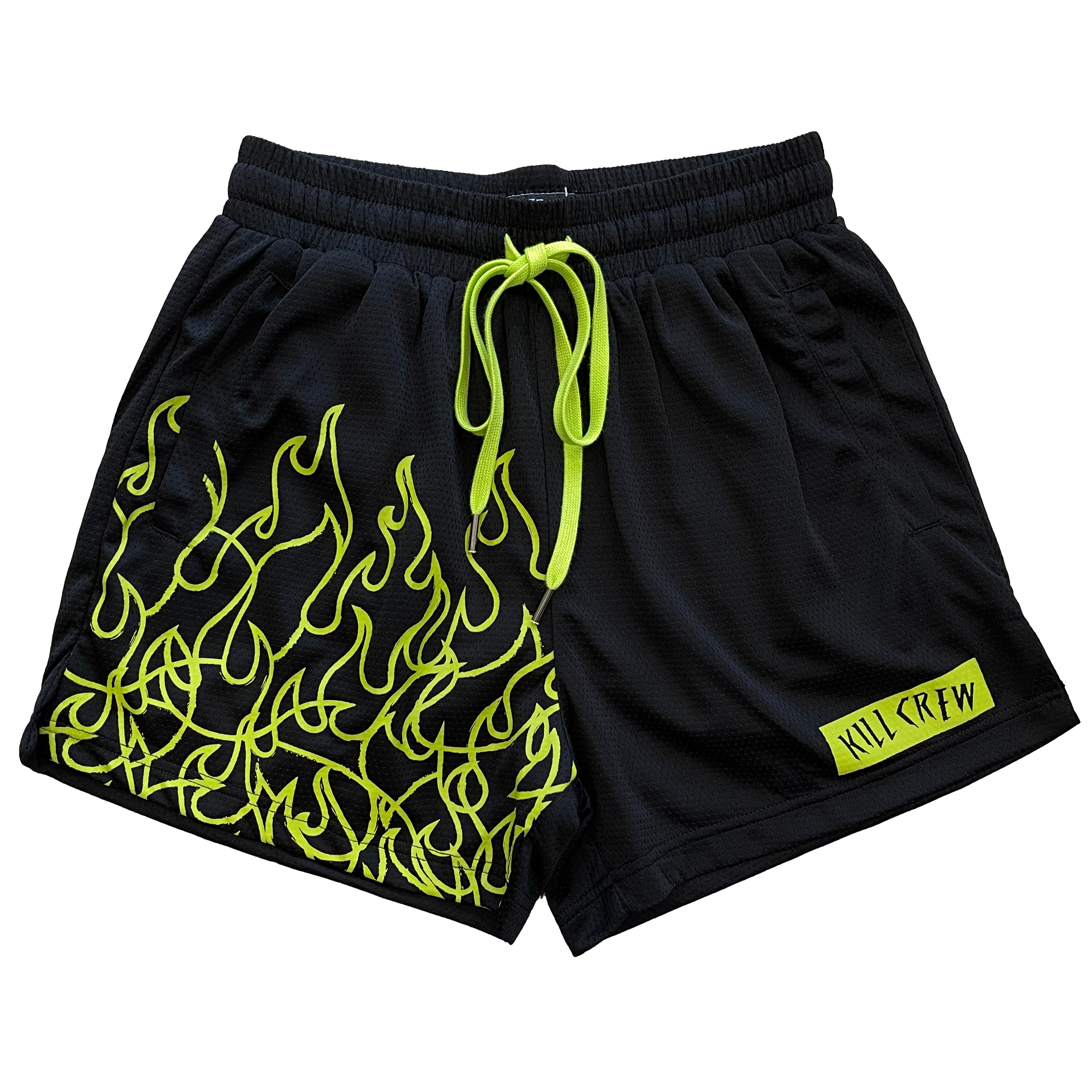 MUAY THAI FLAME SHORTS (MID THIGH CUT) - BLACK / NEON GREEN