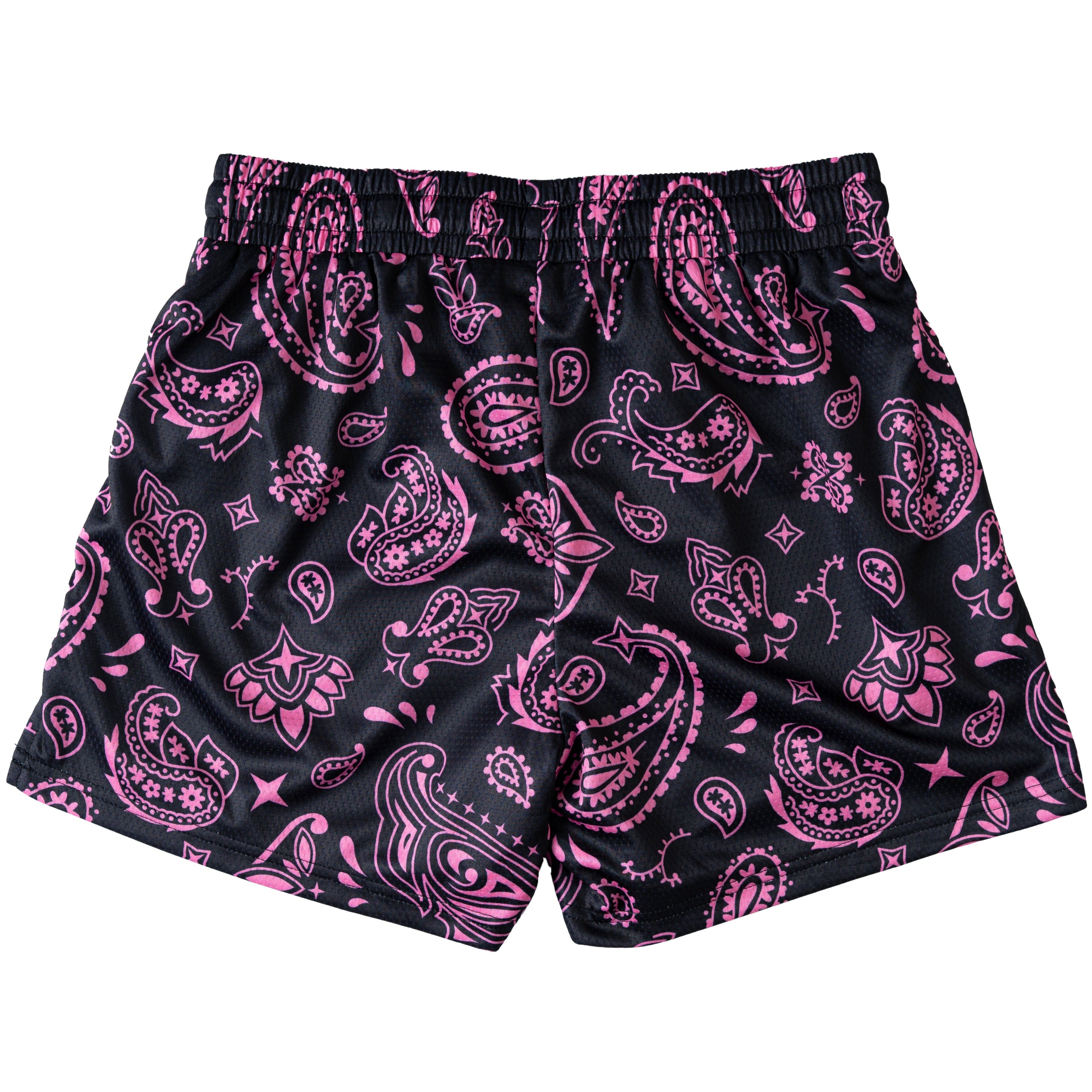 MUAY THAI SHORTS (MID THIGH CUT) BANDANA - BLACK / PINK