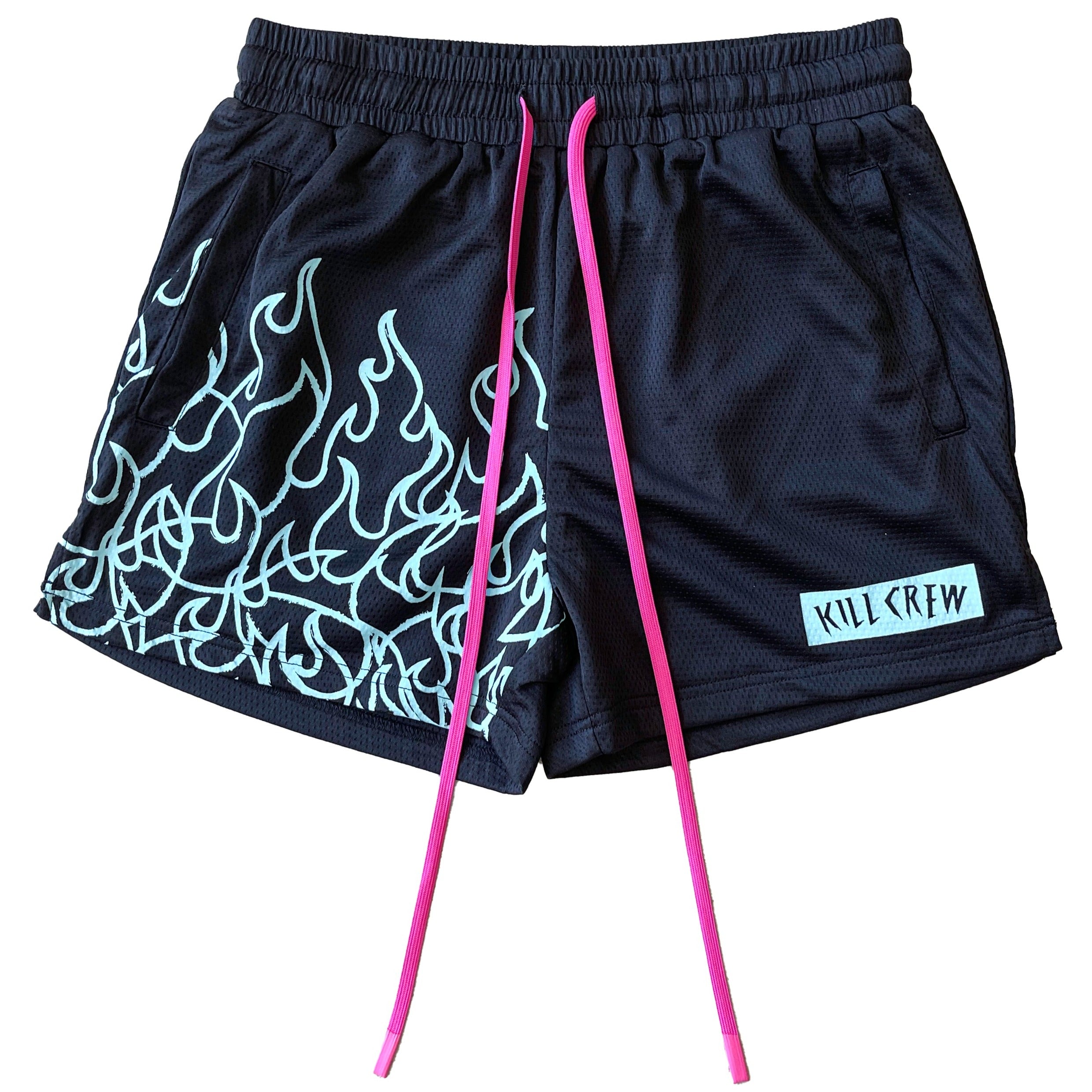 MUAY THAI FLAME SHORTS (MID THIGH CUT) - BLACK / TEAL