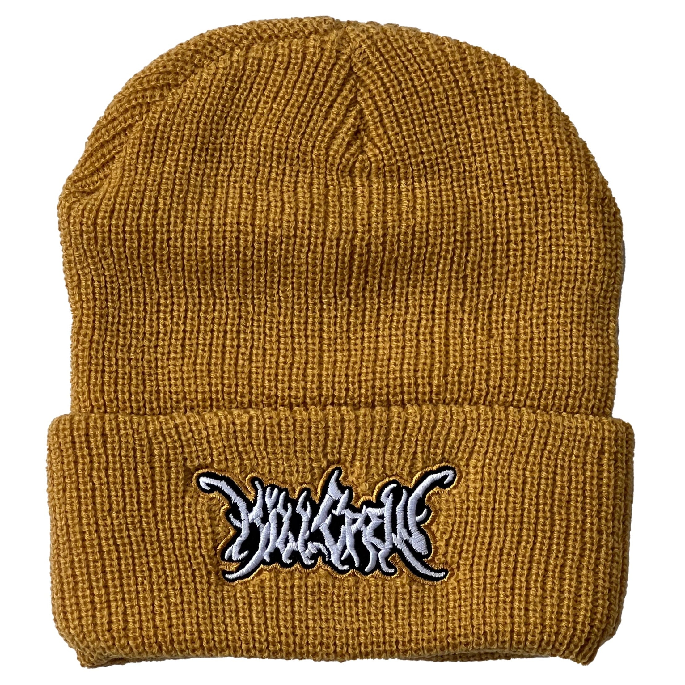 EMBROIDERED CUFFED BEANIE - GOLD / WHITE