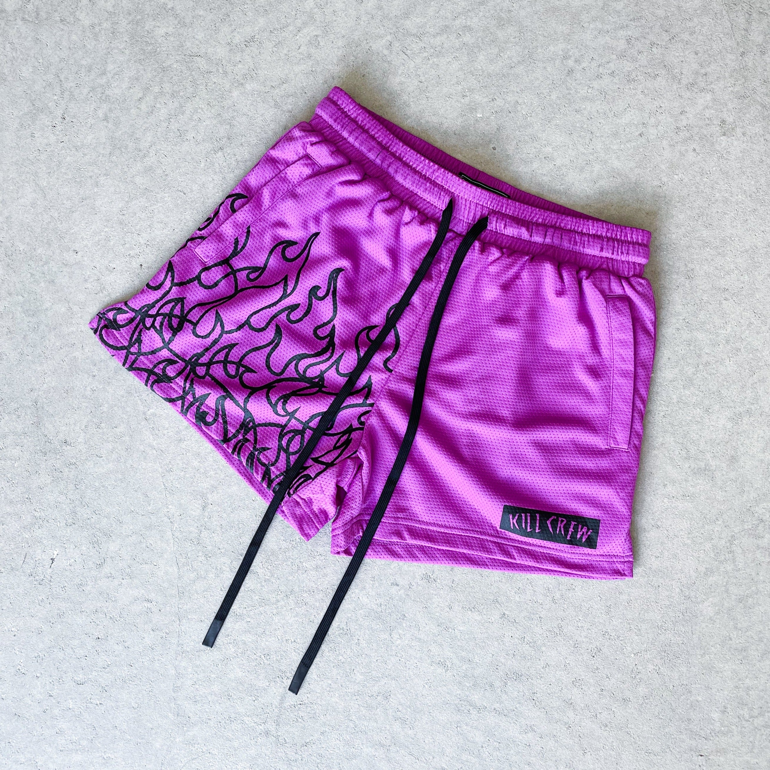 MUAY THAI FLAME SHORTS (MID THIGH CUT) - PURPLE / BLACK