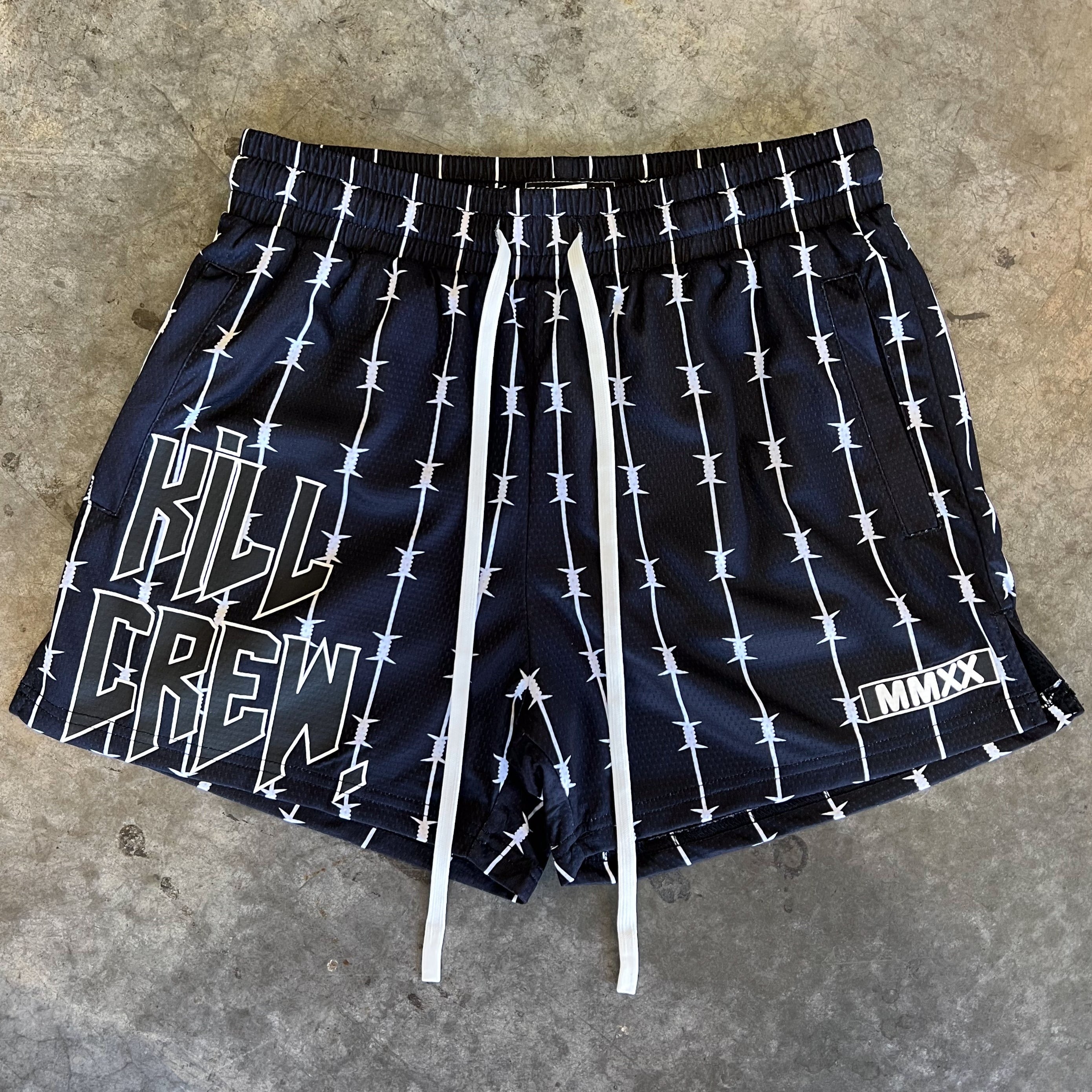 BARBWIRE MUAY THAI SHORTS (MID THIGH CUT) - BLACK / WHITE