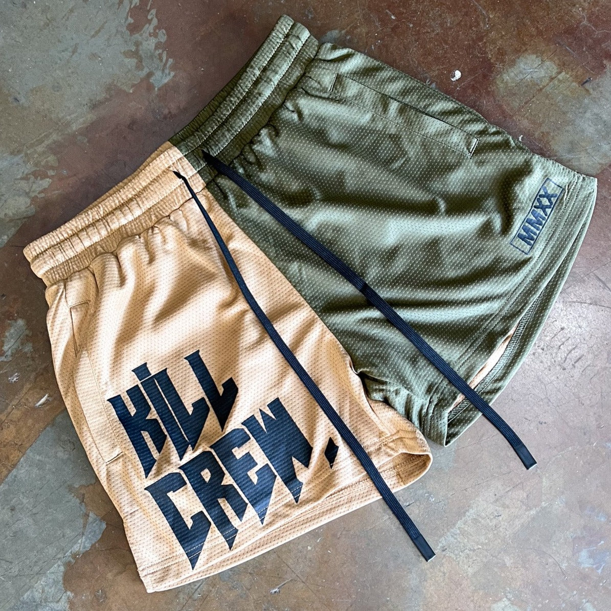 MUAY THAI SHORTS (MID THIGH CUT) 2 TONE - SAND / OLIVE