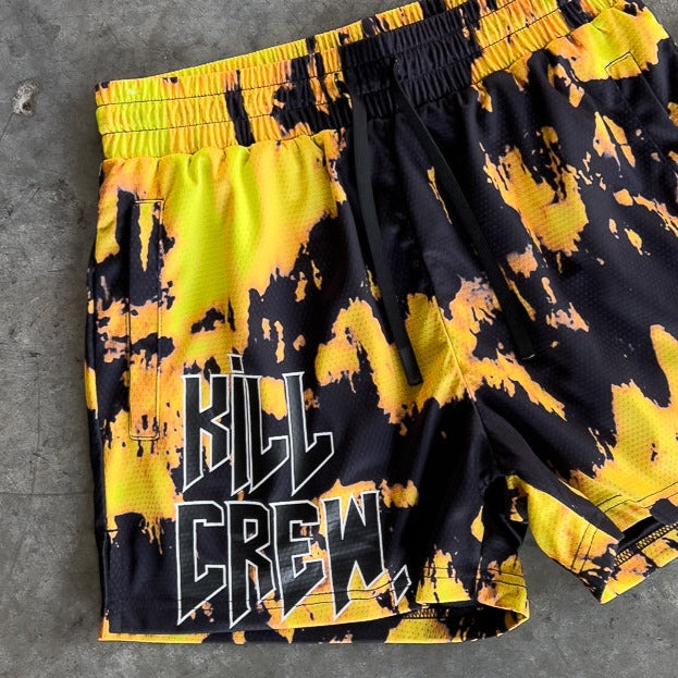 MUAY THAI SHORTS (MID THIGH CUT) ACID WASH - YELLOW / BLACK