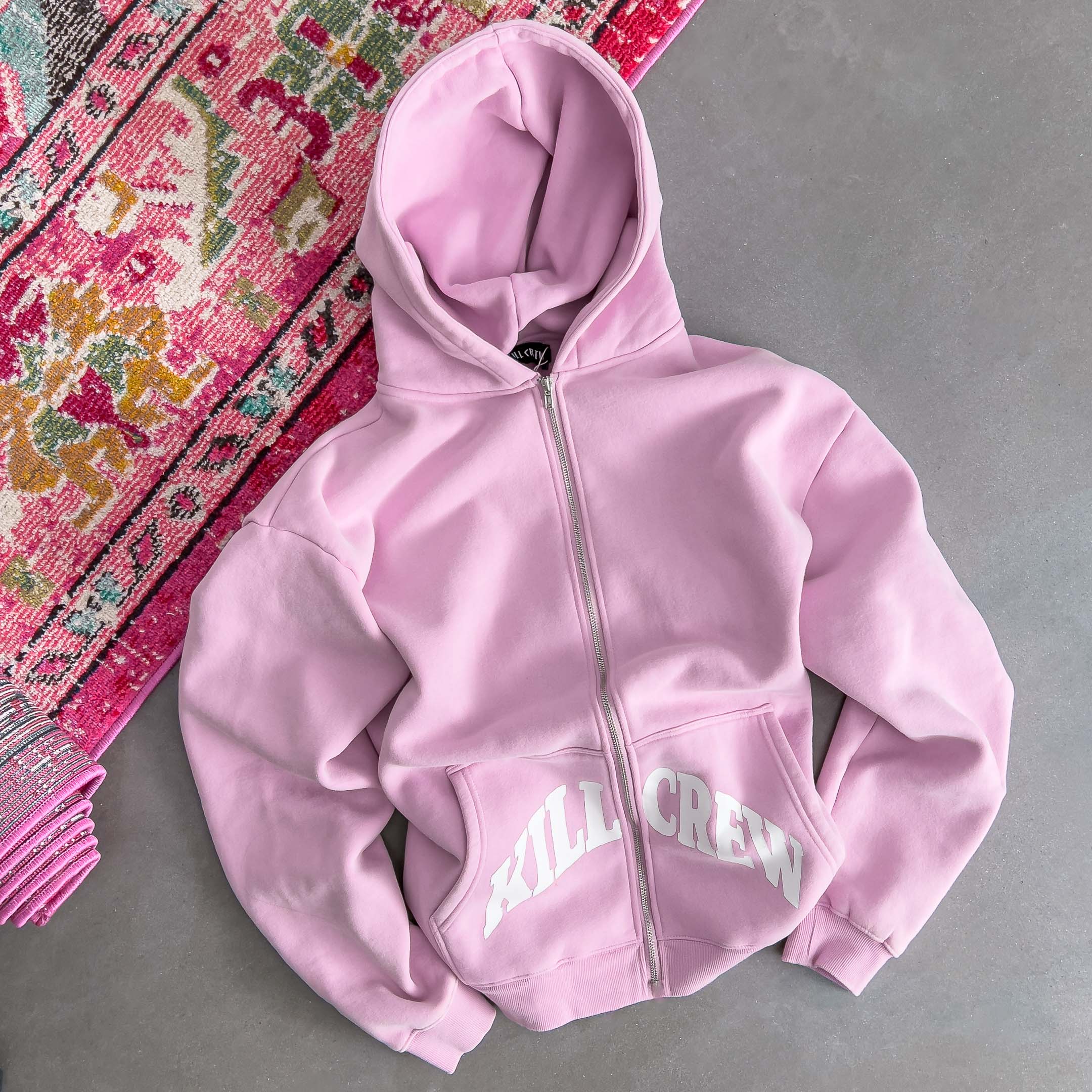 OVERSIZED LUX KILL CREW ZIP UP - PINK / WHITE