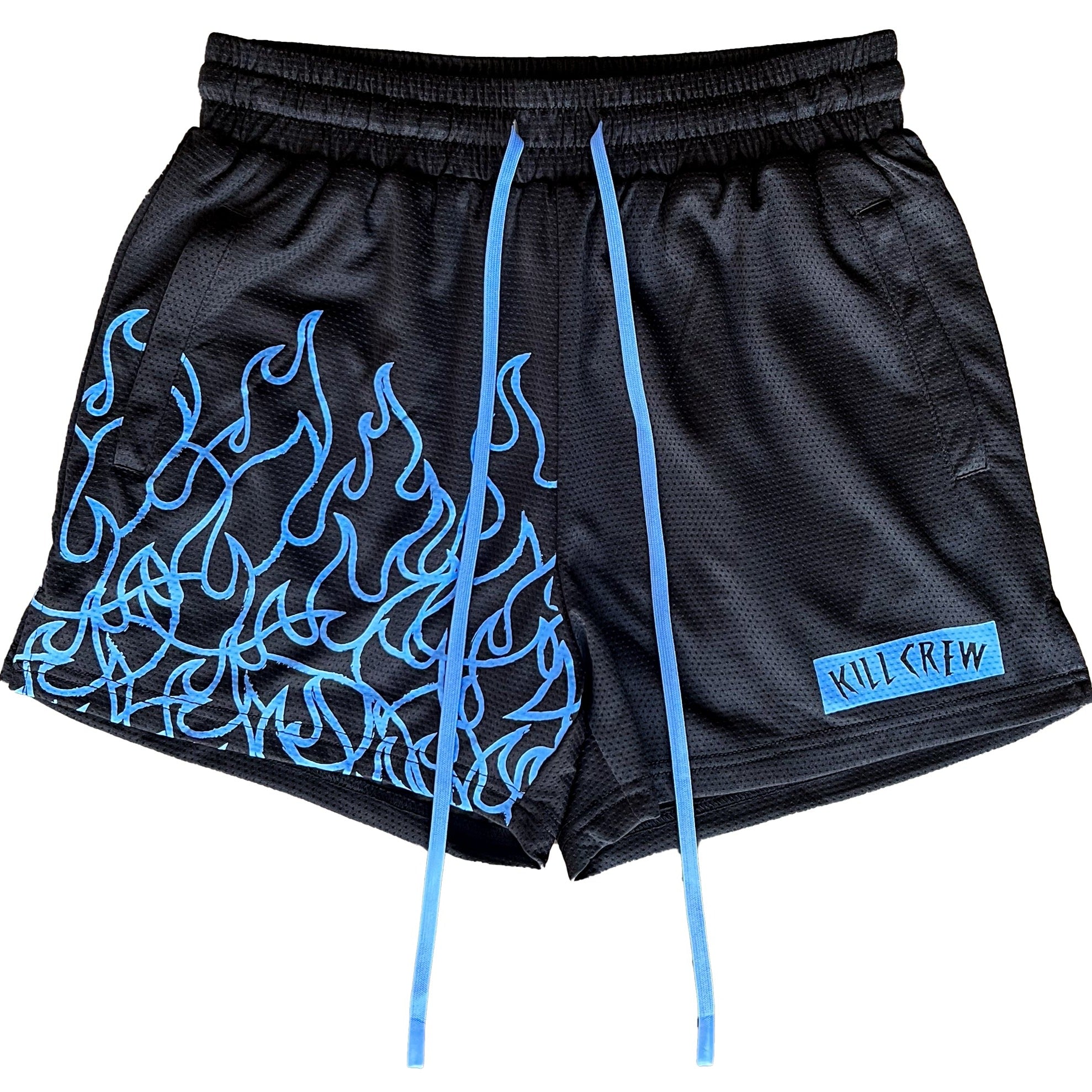 MUAY THAI FLAME SHORTS (MID THIGH CUT) - BLACK / BLUE