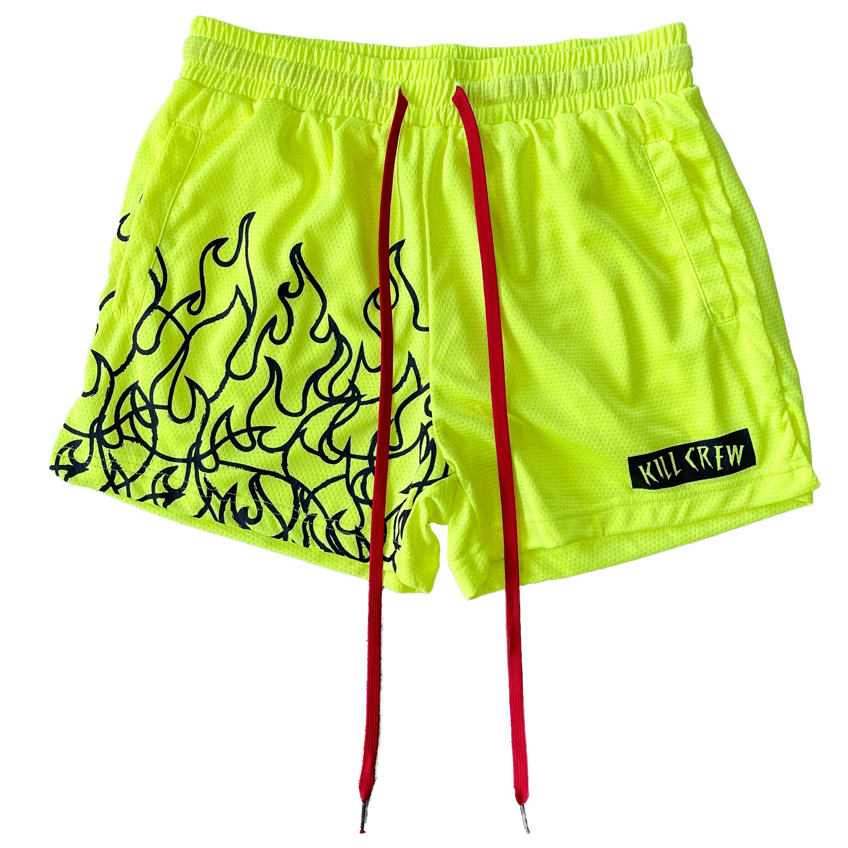 MUAY THAI FLAME SHORTS (MID THIGH CUT) - NEON YELLOW / BLACK