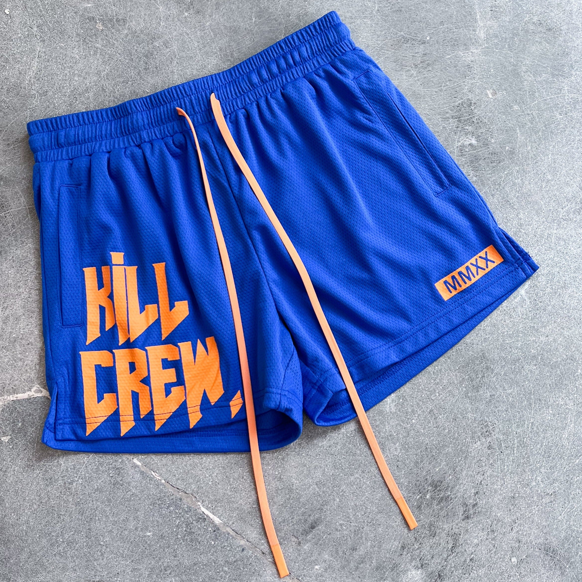 MUAY THAI SHORTS (MID THIGH CUT) - BLUE / ORANGE