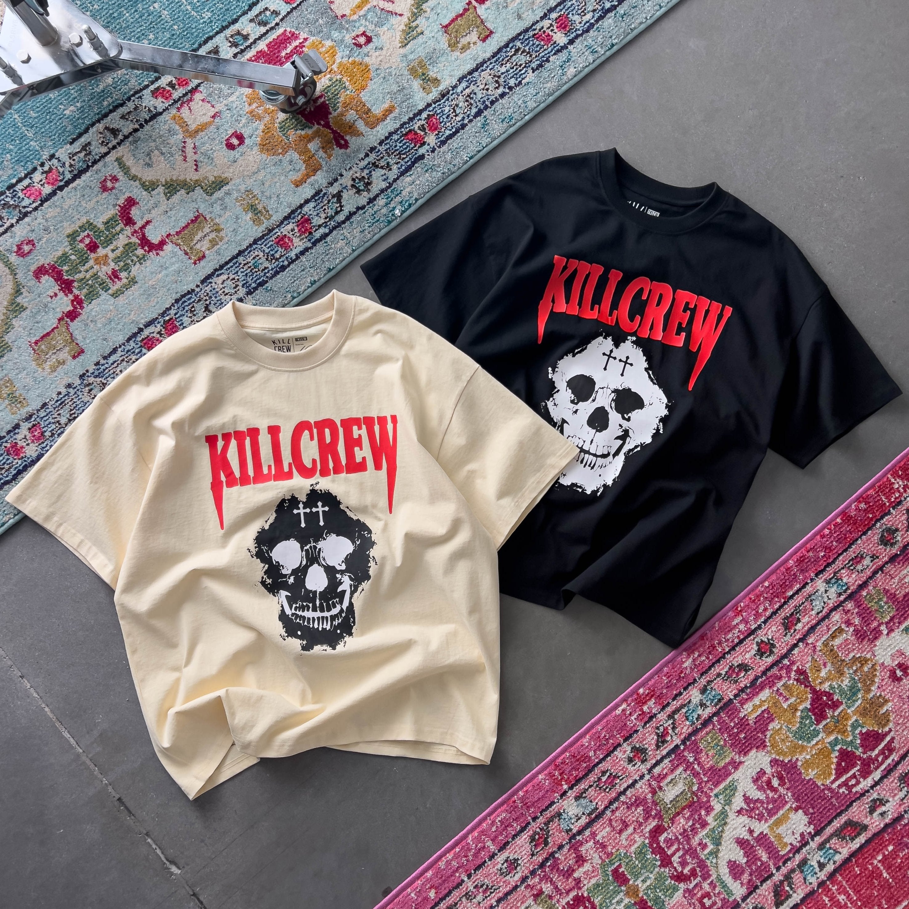 OVERSIZED KILL CREW SKULL T-SHIRT - CREAM / RED