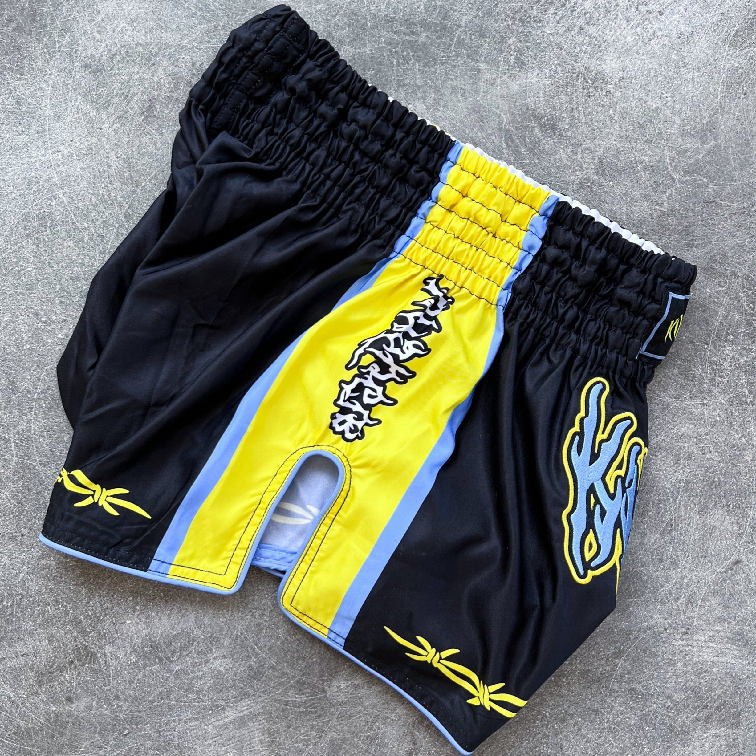 RETRO THAI FIGHT SHORTS - BLACK / YELLOW