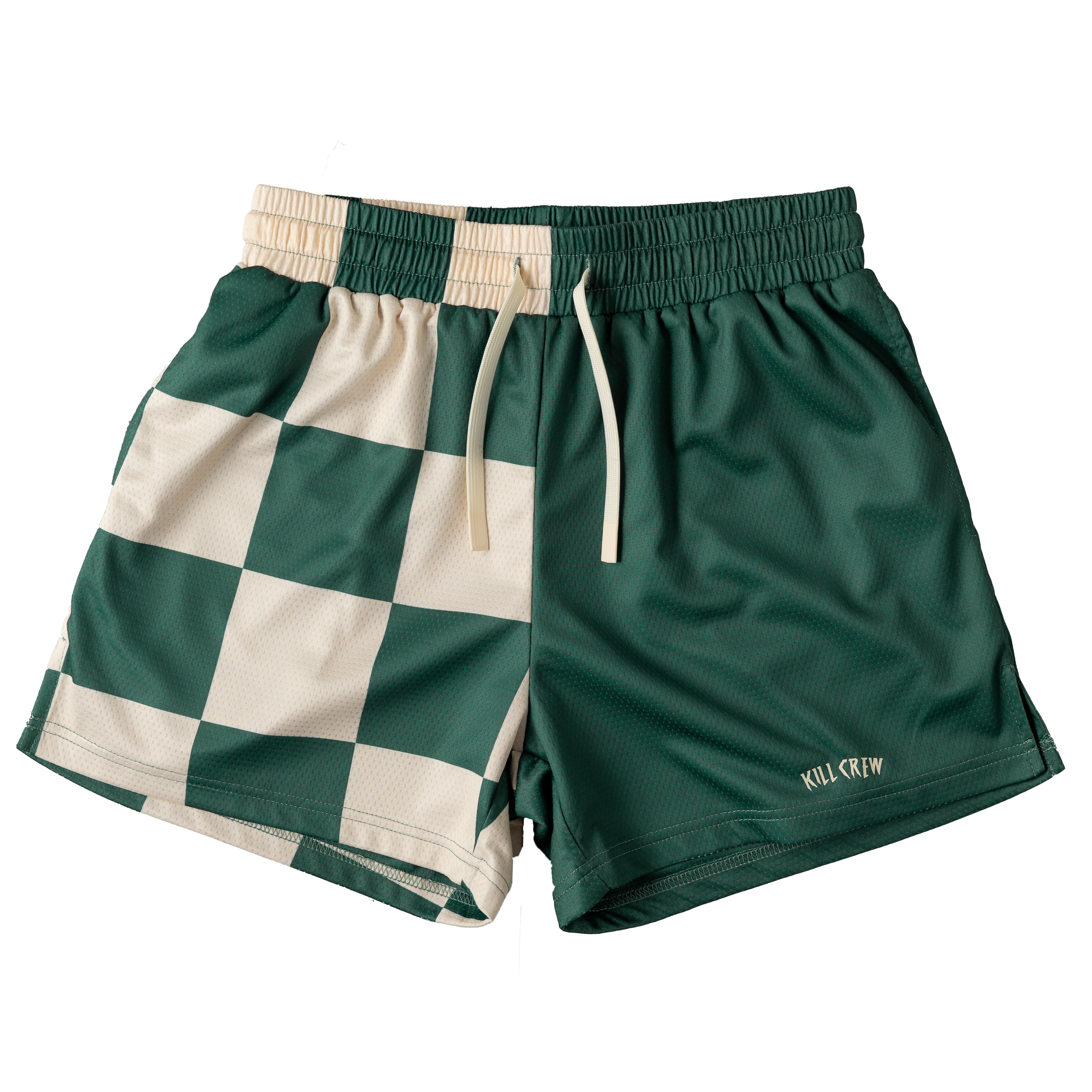 MUAY THAI SHORTS (MID THIGH CUT) CHECKER - GREEN / CREAM