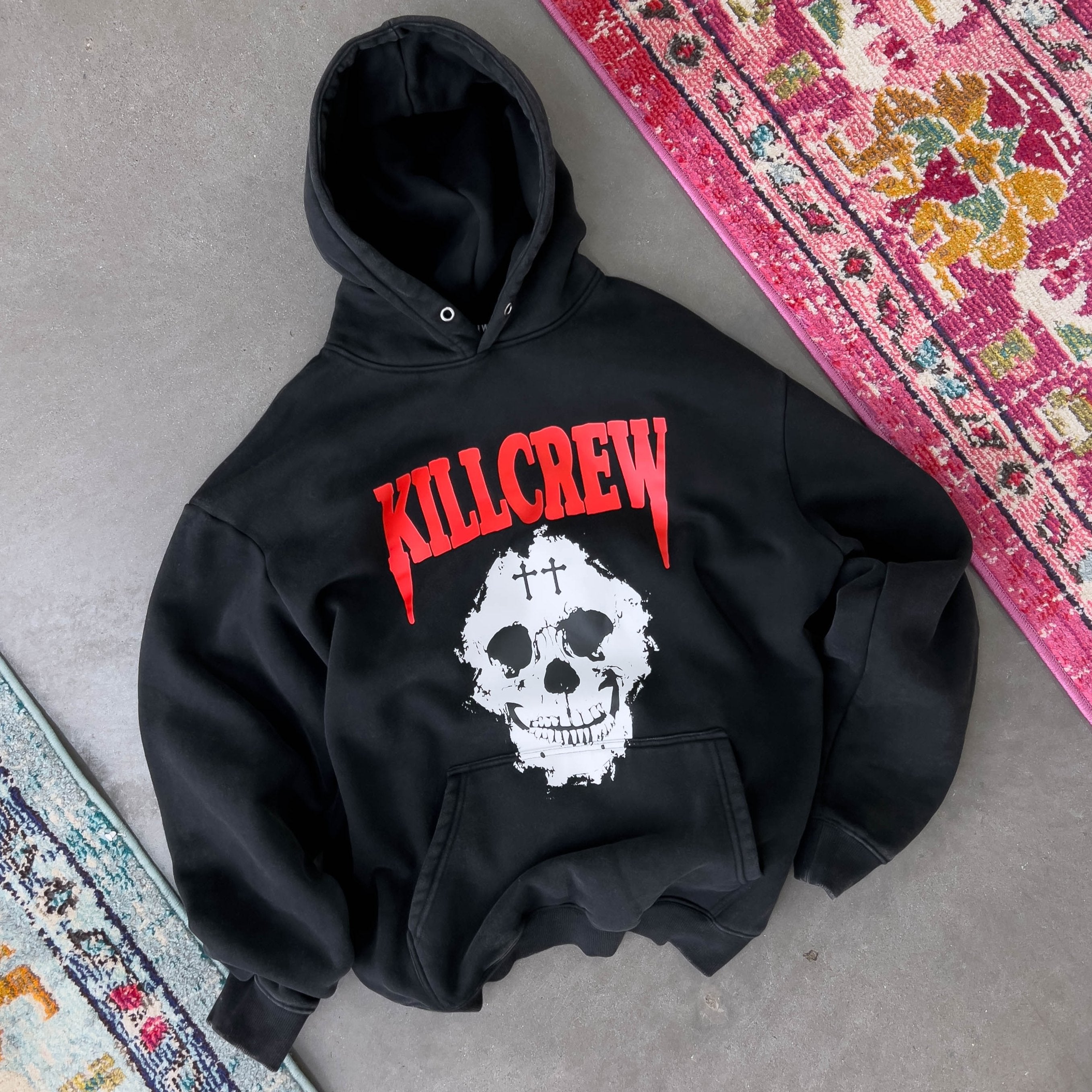 OVERSIZED LUX KILL CREW SKULL HOODIE - BLACK / RED