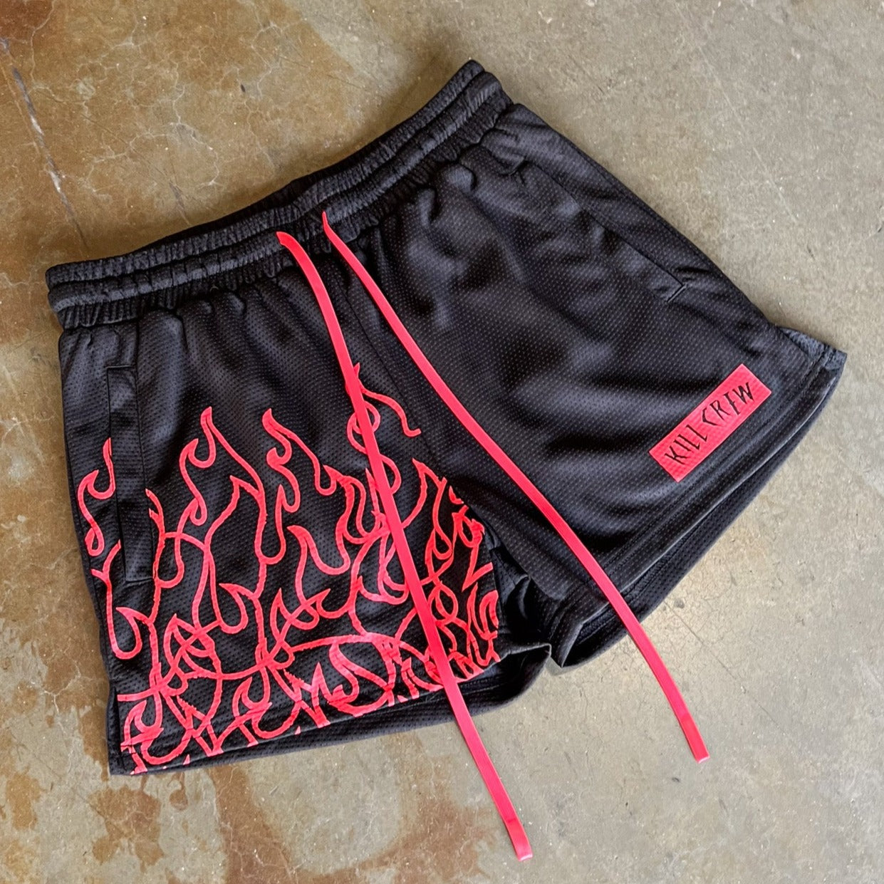 MUAY THAI FLAME SHORTS (MID THIGH CUT) - BLACK / RED