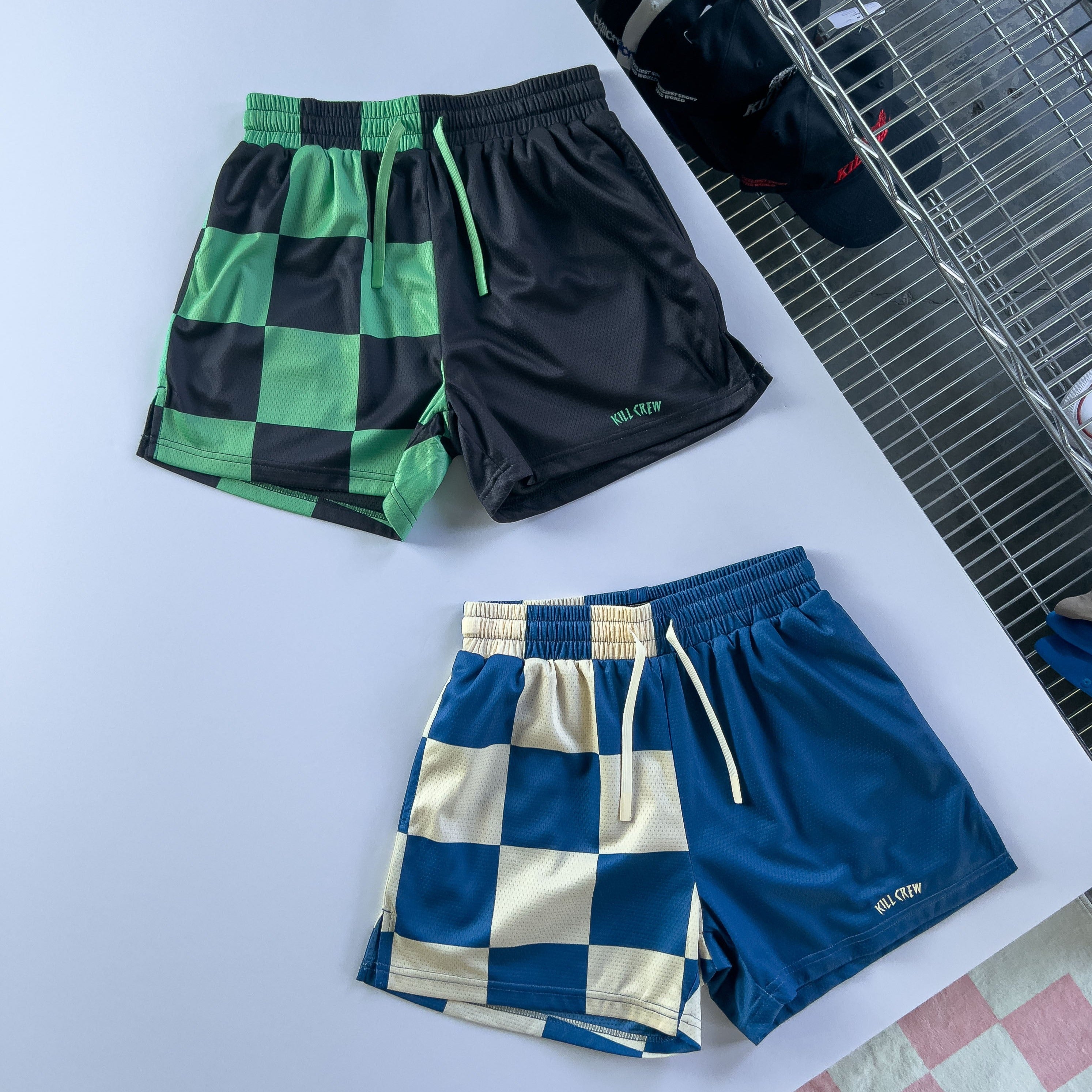 MUAY THAI SHORTS (MID THIGH CUT) CHECKER - BLUE / CREAM