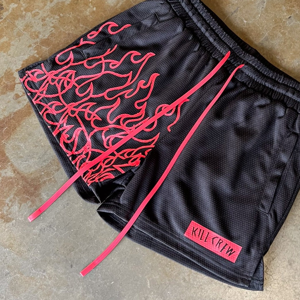 MUAY THAI FLAME SHORTS (MID THIGH CUT) - BLACK / RED