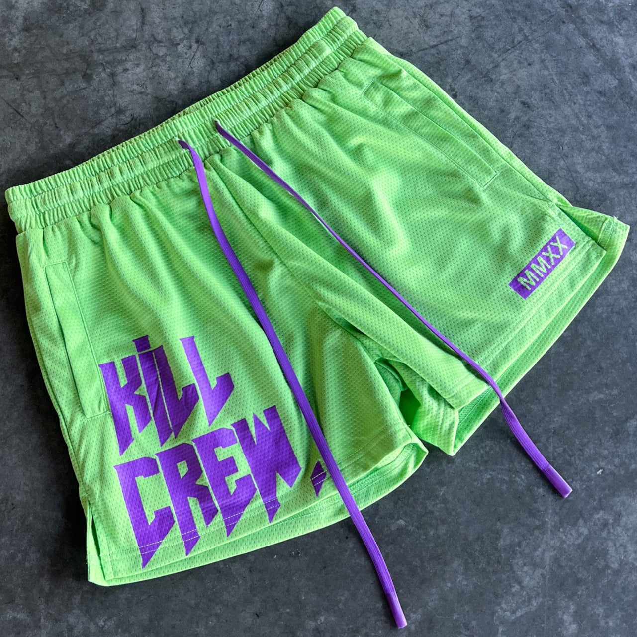 MUAY THAI SHORTS (MID THIGH CUT) - GREEN / PURPLE