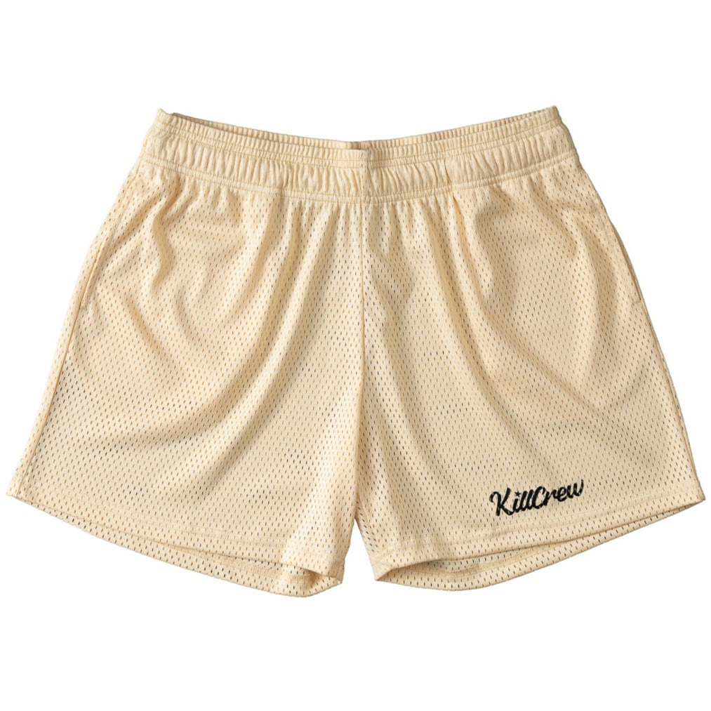 VENTED MESH SCRIPT SHORTS - CREAM / BLACK