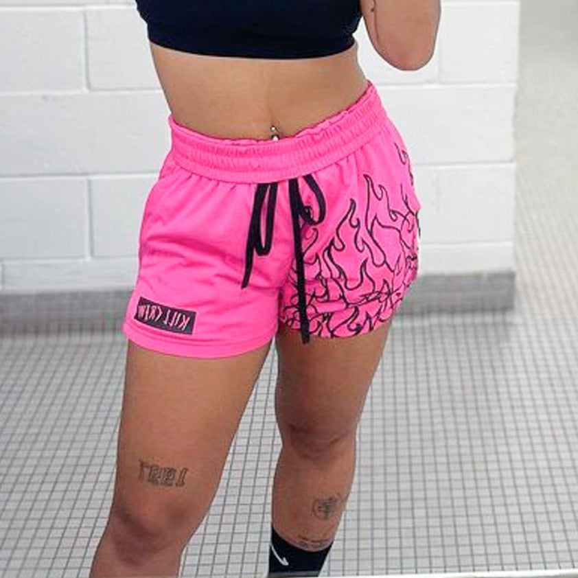 MUAY THAI FLAME SHORTS (MID THIGH CUT) - PINK / BLACK