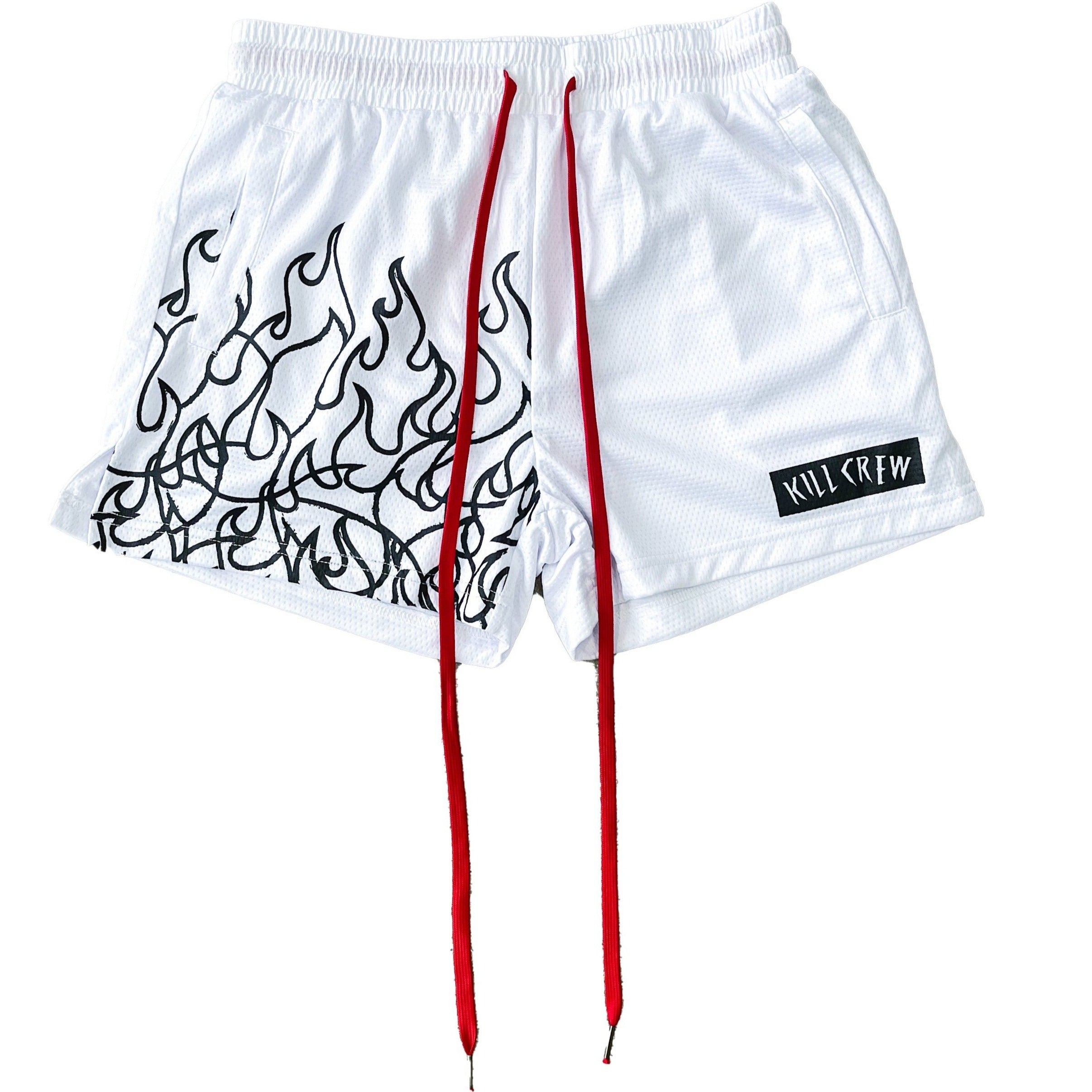 MUAY THAI FLAME SHORTS (MID THIGH CUT) - WHITE / BLACK