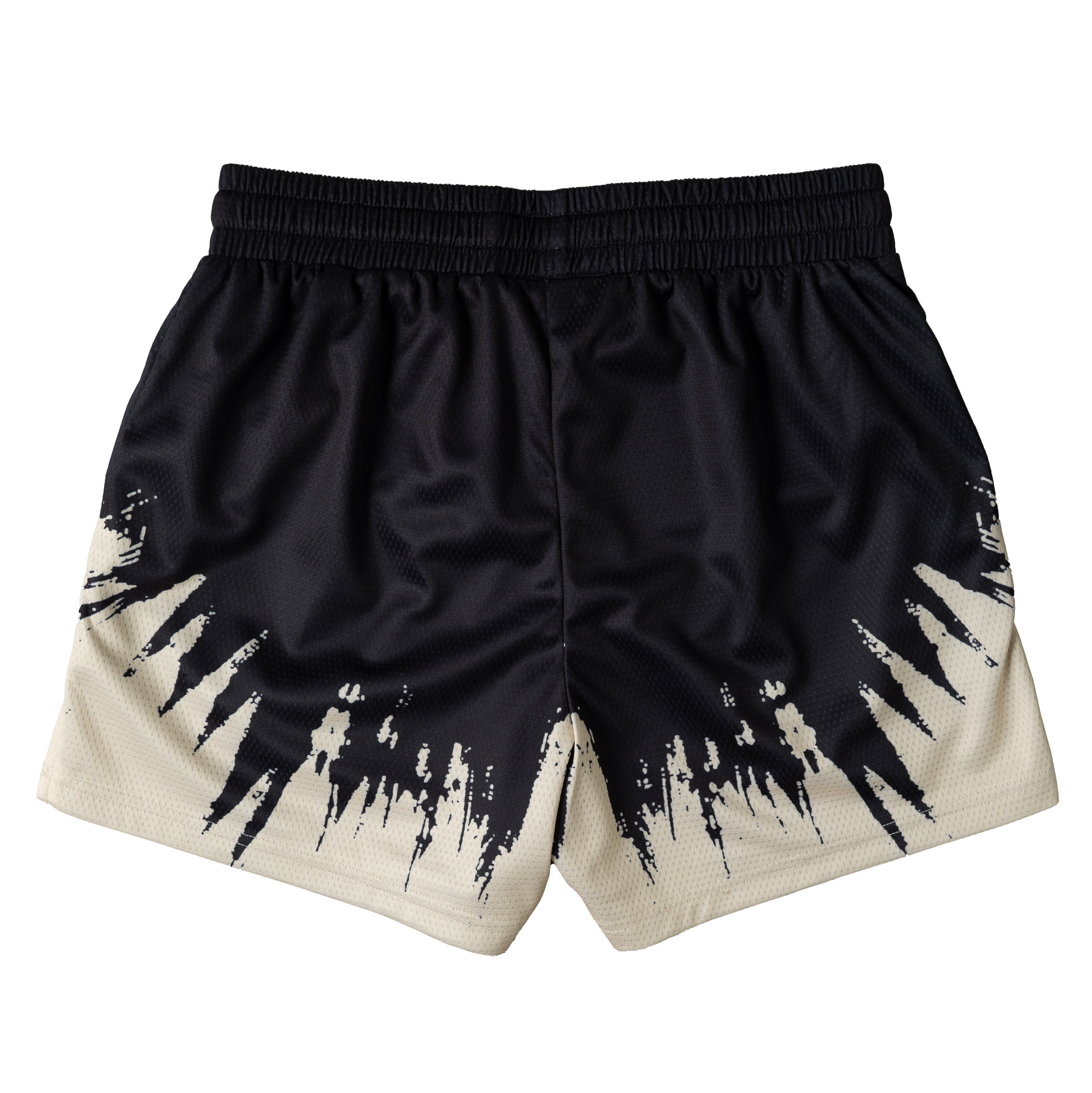 MUAY THAI SHORTS (MID THIGH CUT) SHATTER - BLACK / CREAM