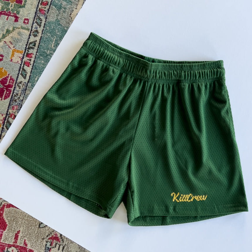 VENTED MESH SCRIPT SHORTS - GREEN / GOLD