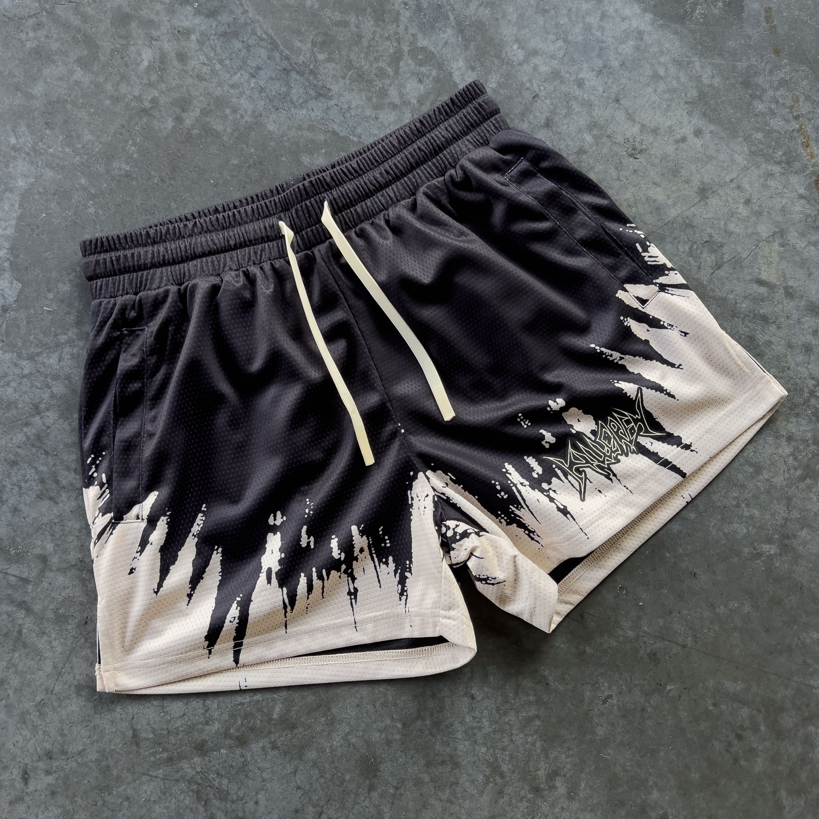 MUAY THAI SHORTS (MID THIGH CUT) SHATTER - BLACK / CREAM