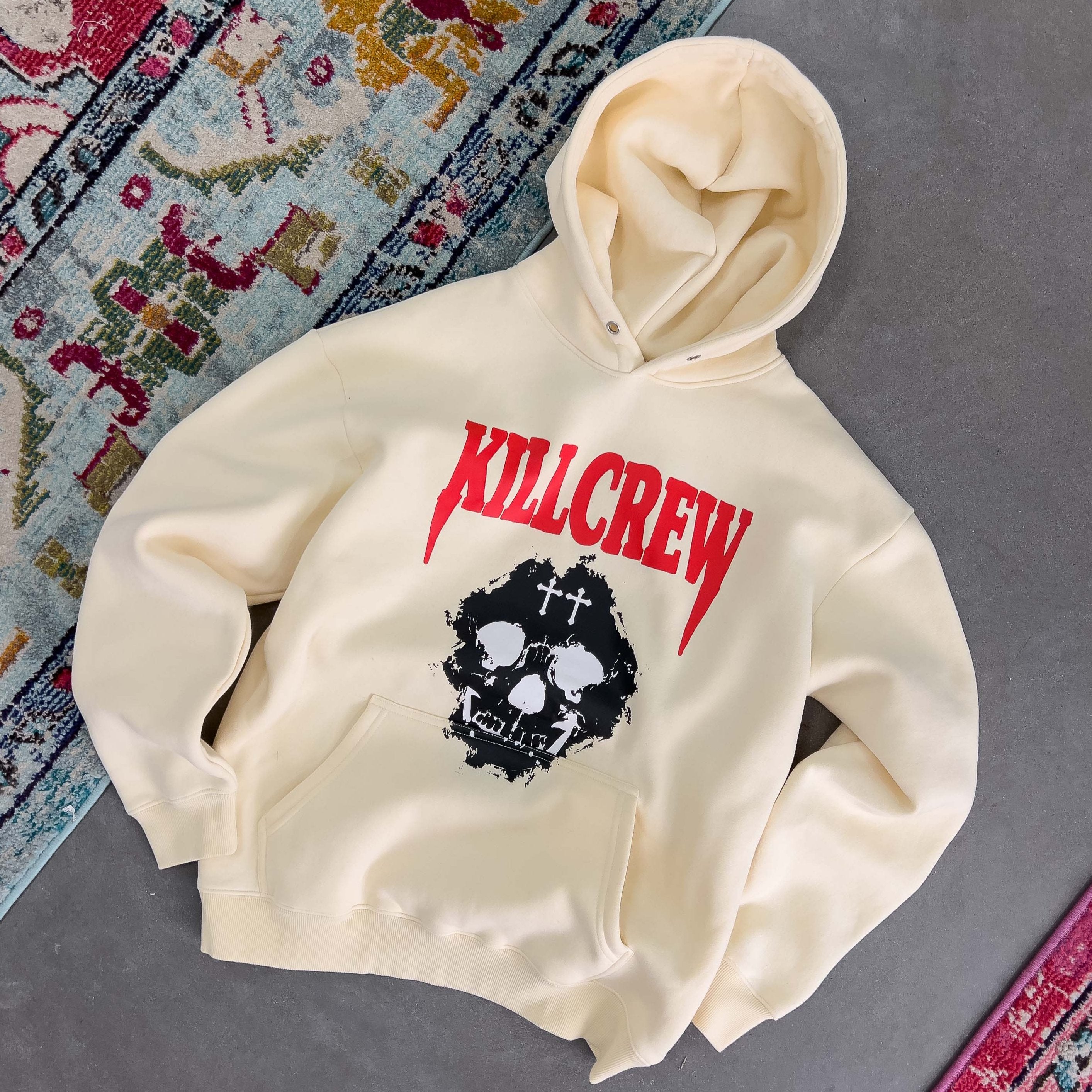 OVERSIZED LUX KILL CREW SKULL HOODIE - CREAM / RED