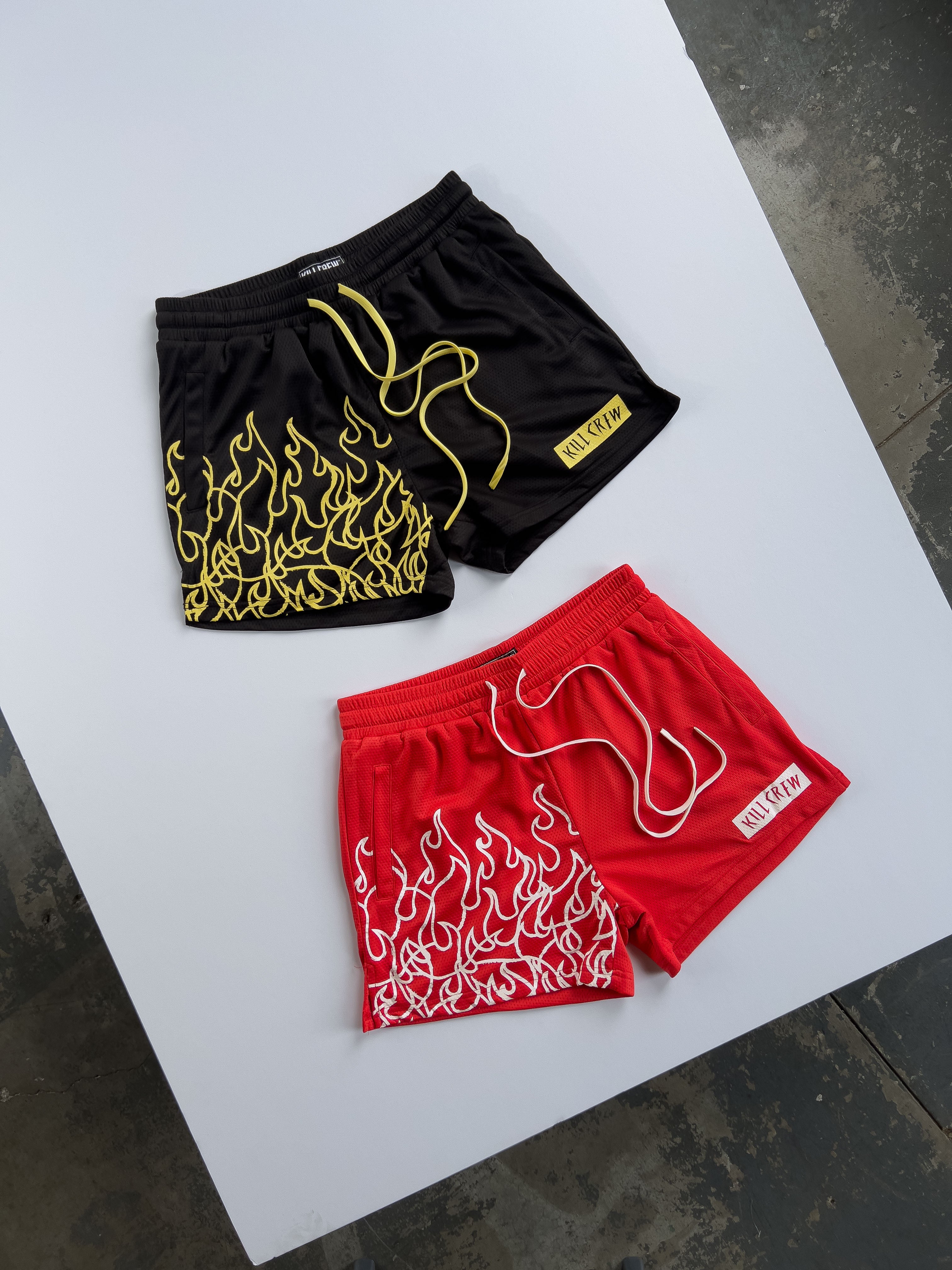 MUAY THAI FLAME SHORTS (MID THIGH CUT) - RED / WHITE