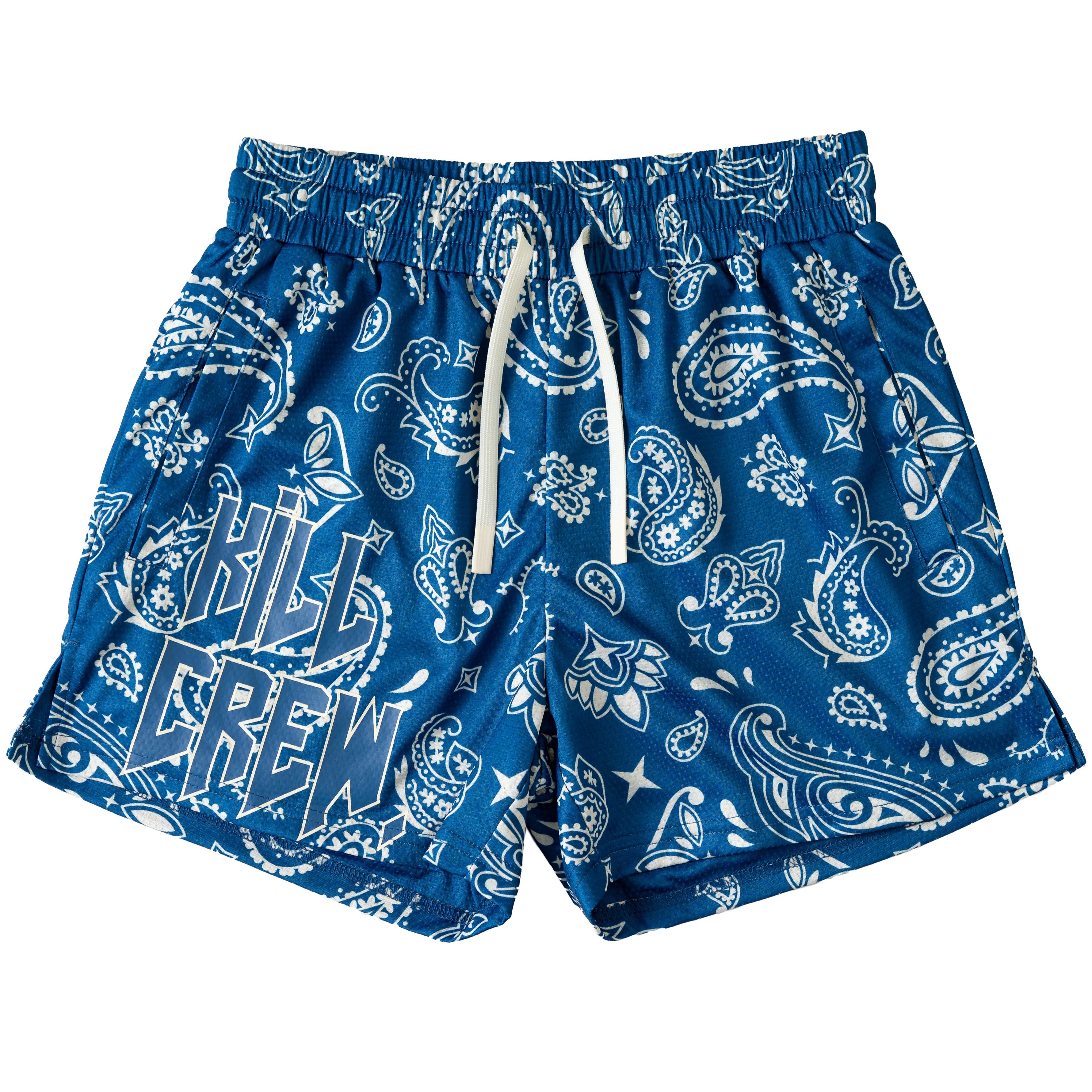 MUAY THAI SHORTS (MID THIGH CUT) BANDANA - BLUE / CREAM