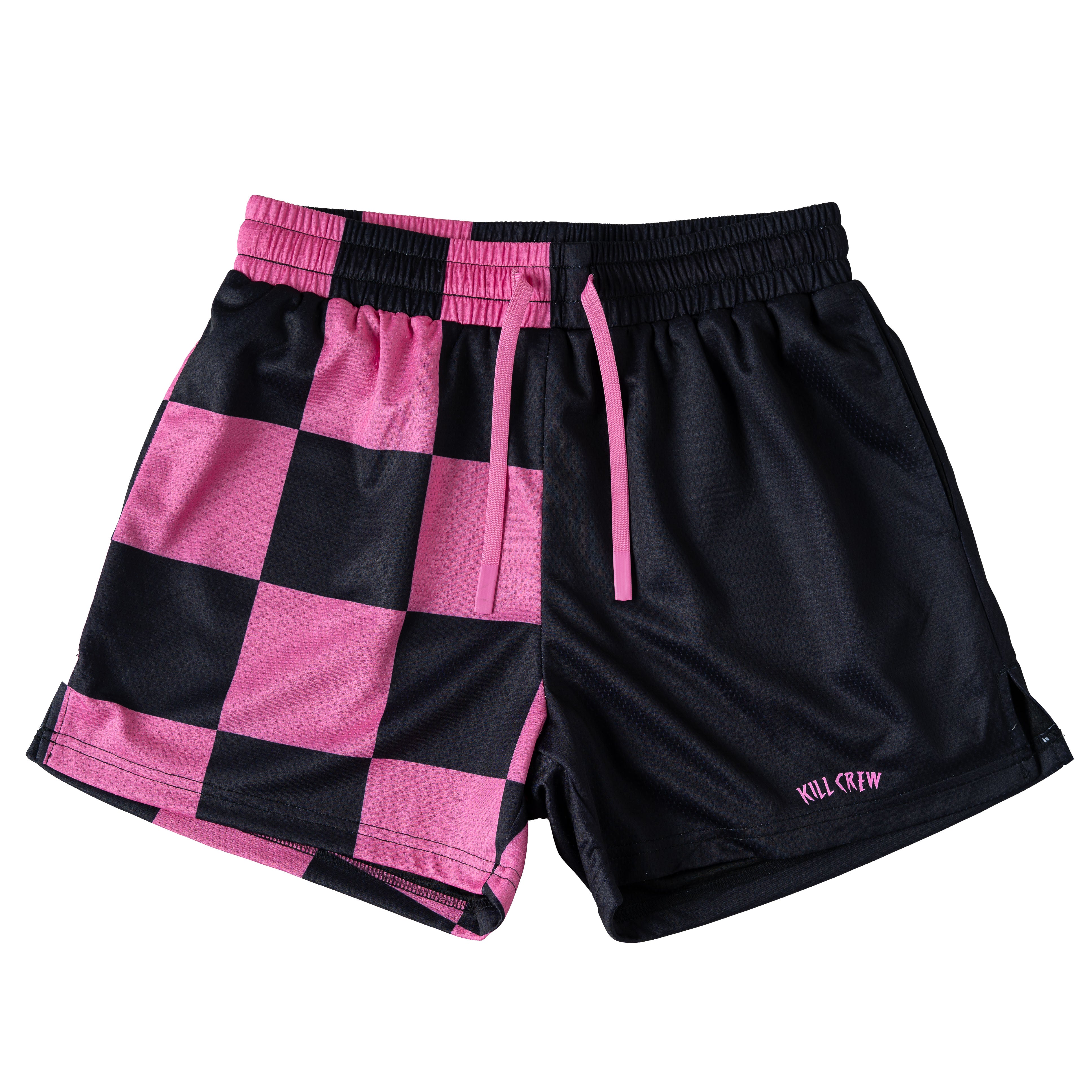 MUAY THAI SHORTS (MID THIGH CUT) CHECKER - BLACK / PINK