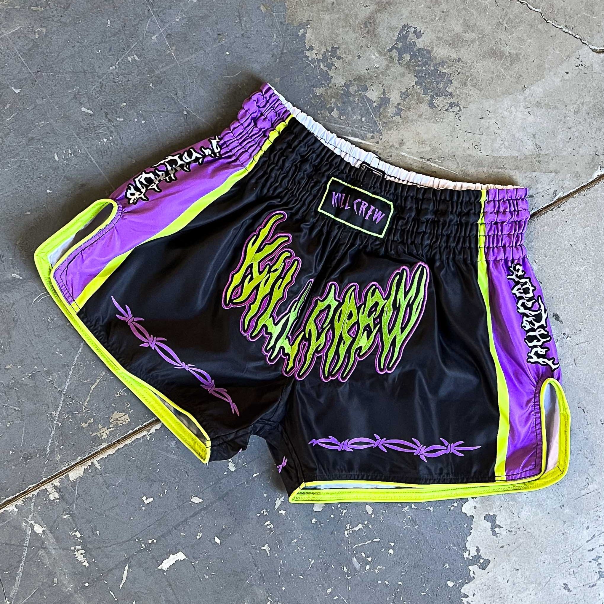 RETRO THAI FIGHT SHORTS - BLACK / PURPLE