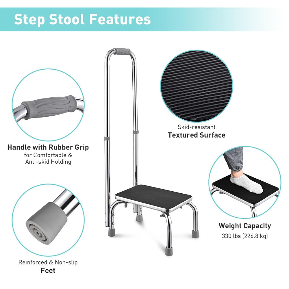 Yescom Medical Single Step Stool Footstool Chrome Steel w/ Handrail