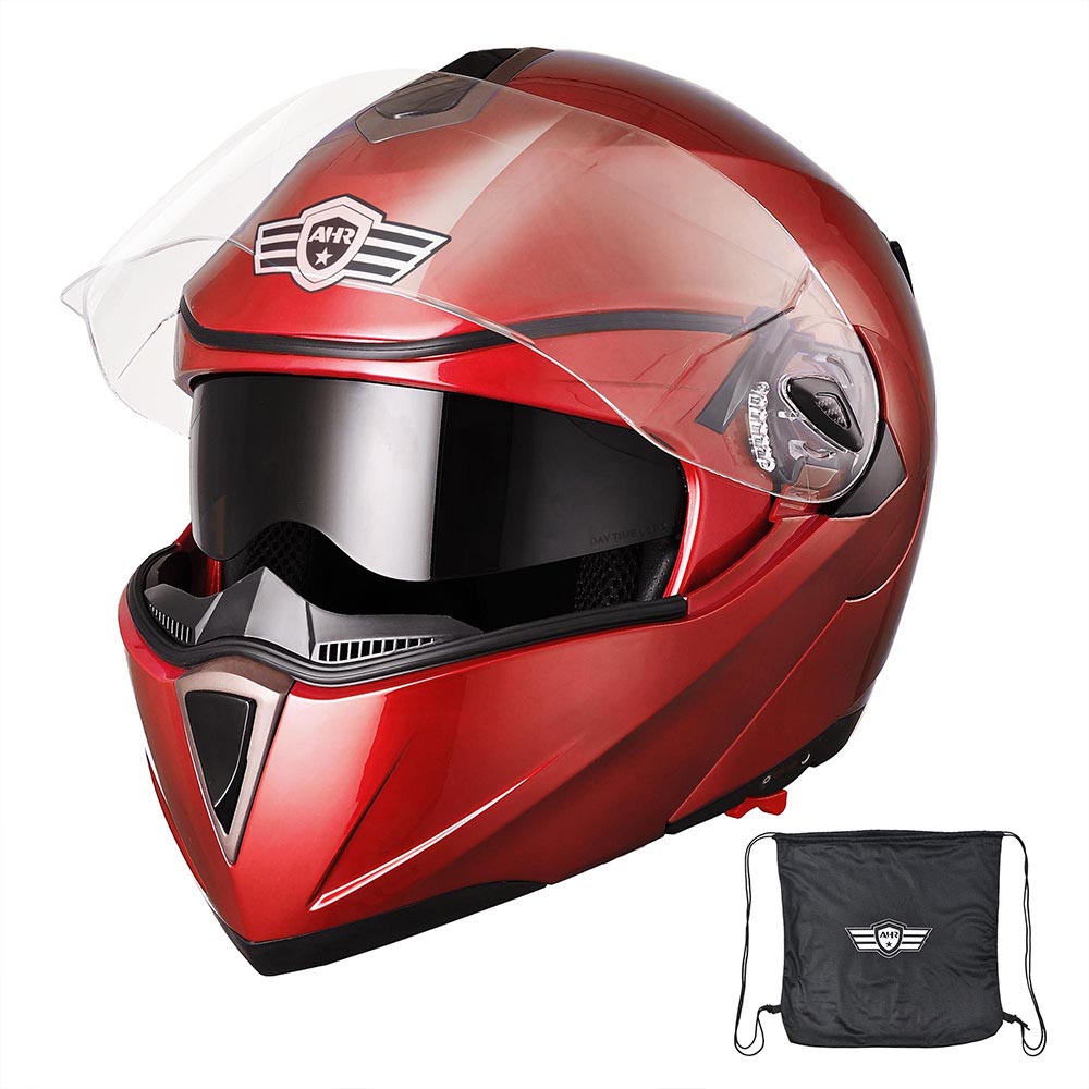 AHR Modular Helmet Flip Up Full Face Dual Visors DOT Red