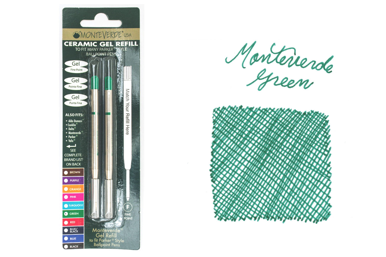 Monteverde Capless Gel P42 Rollerball Refills - Green, 0.7mm Fine (2-Pack)