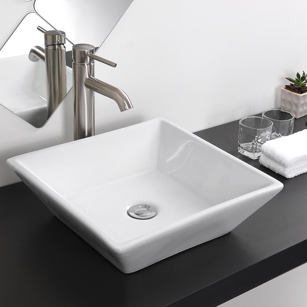 Aquaterior 16 Square Porcelain Bathroom Sink Vanity Vessel w/ Drain