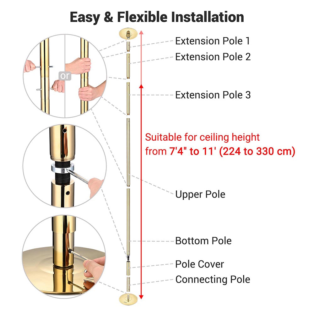 Yescom 10.8FT Golden Portable Spinning Dance Pole D45mm (Preorder)