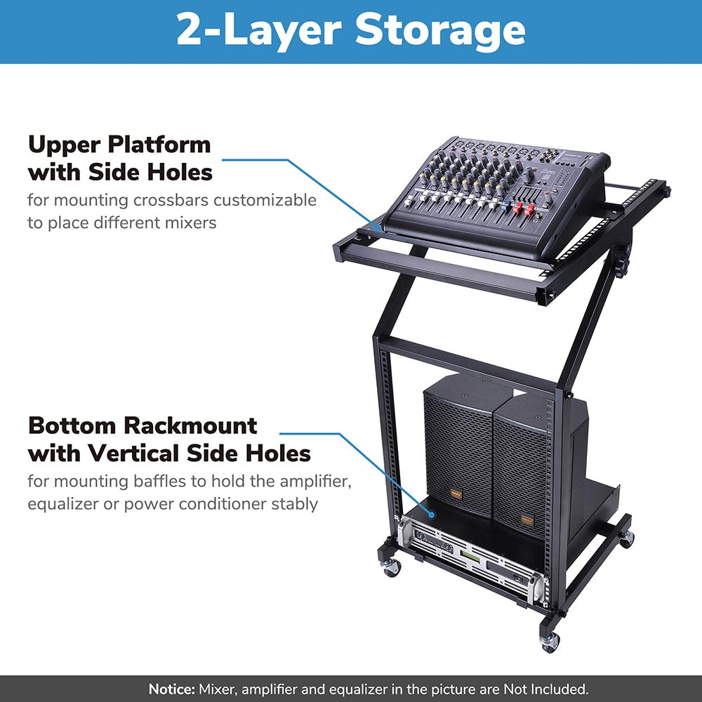 Yescom 19in 9U Stage Rolling Audio Mixer Stand Rack Cart w/ 4 Poles