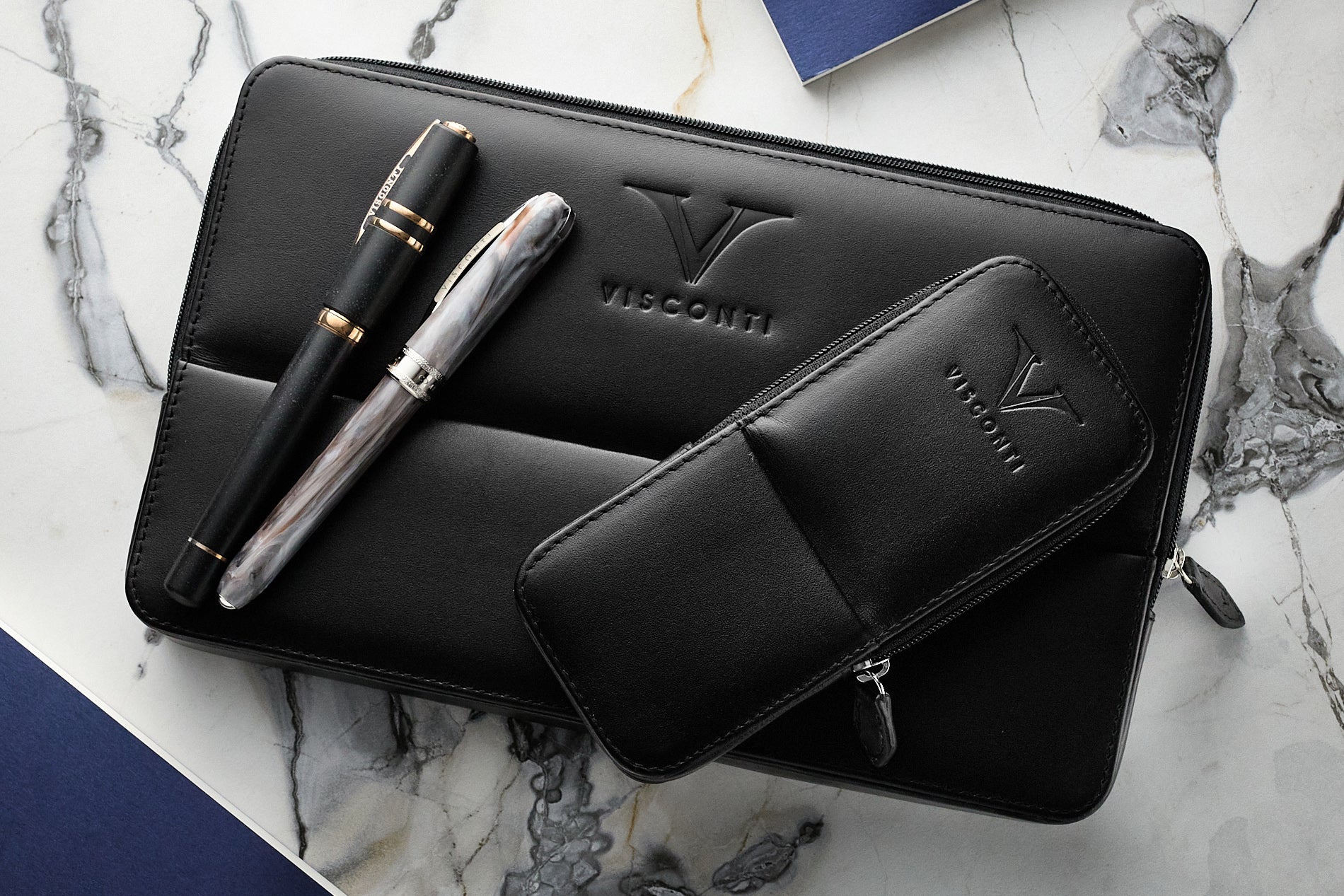 Visconti Leather 3 Pen Case - Black