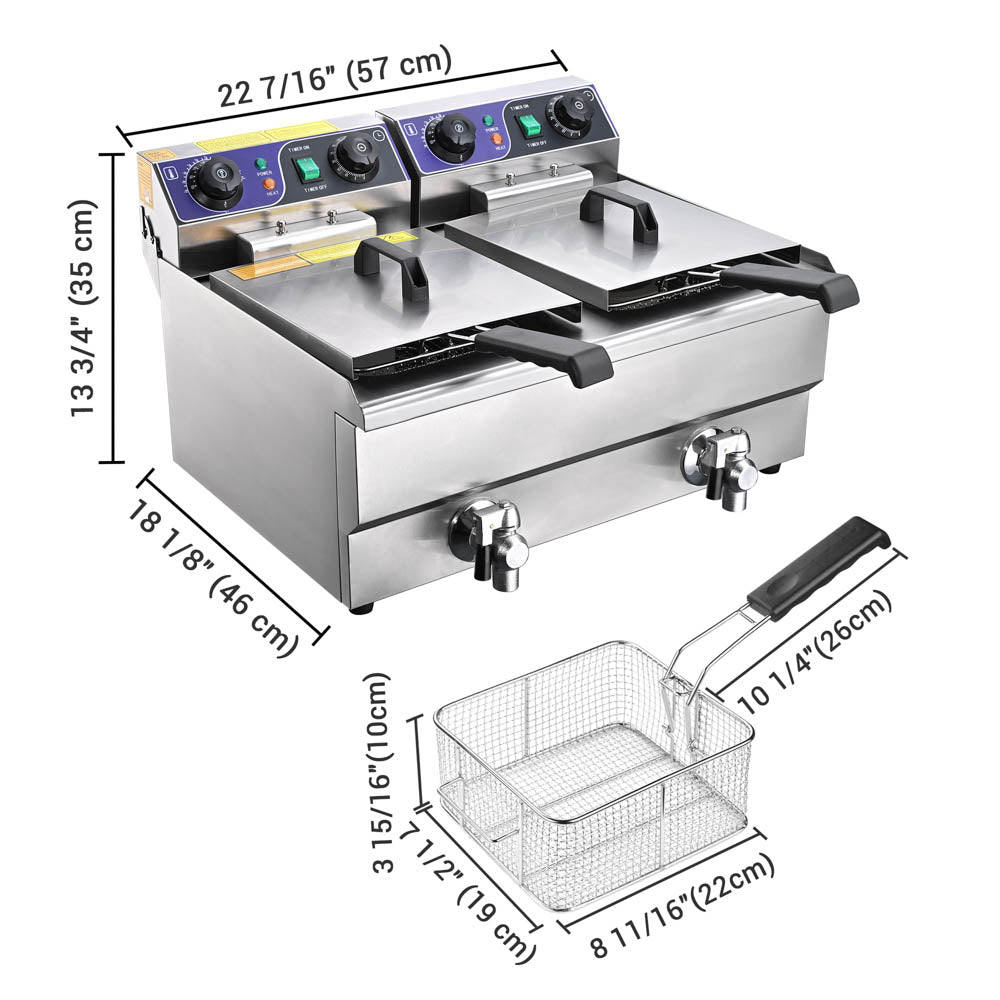 Yescom Electric Deep Fryer Drain Timer 20L 2-Tank Stainless Steel