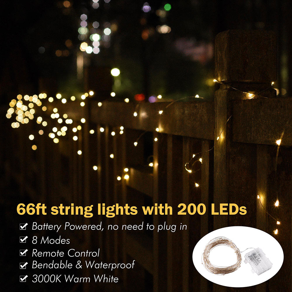 Yescom Copper String Light Christmas Lights Battery Powered 66ft