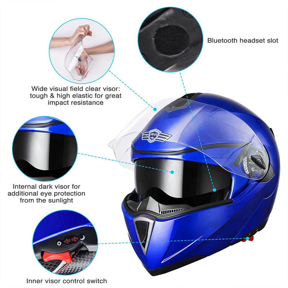 AHR Modular Helmet Flip Up Full Face Dual Visors DOT Blue