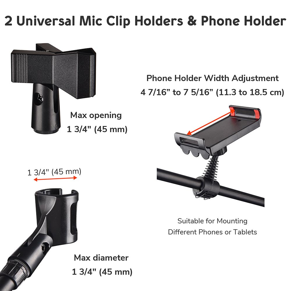 Yescom Studio Mic Stand with Boom 2 Mic Clips Phone Holder H5'11