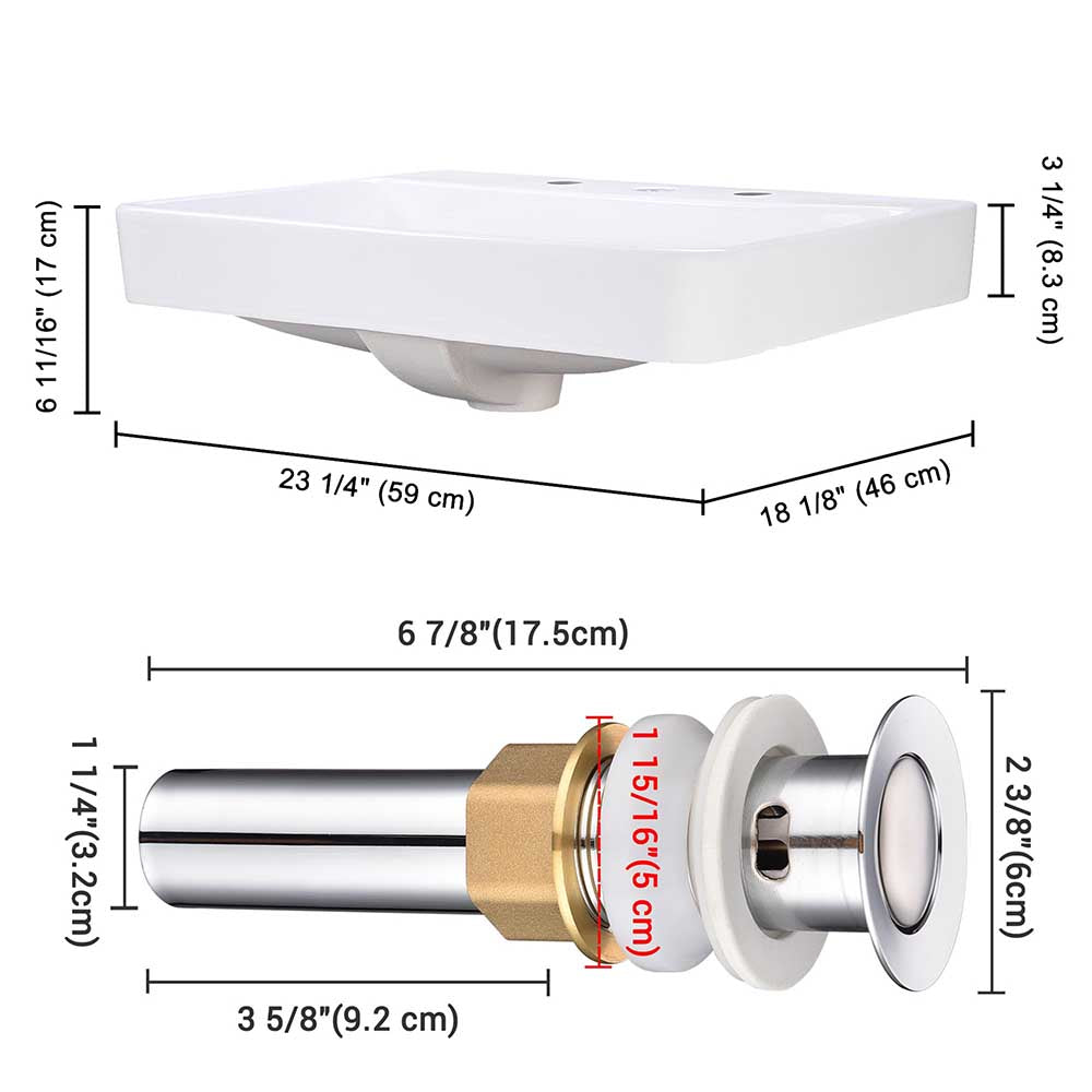 Aquaterior Porcelain Drop-in Sink Overflow w/ Drain 23x18